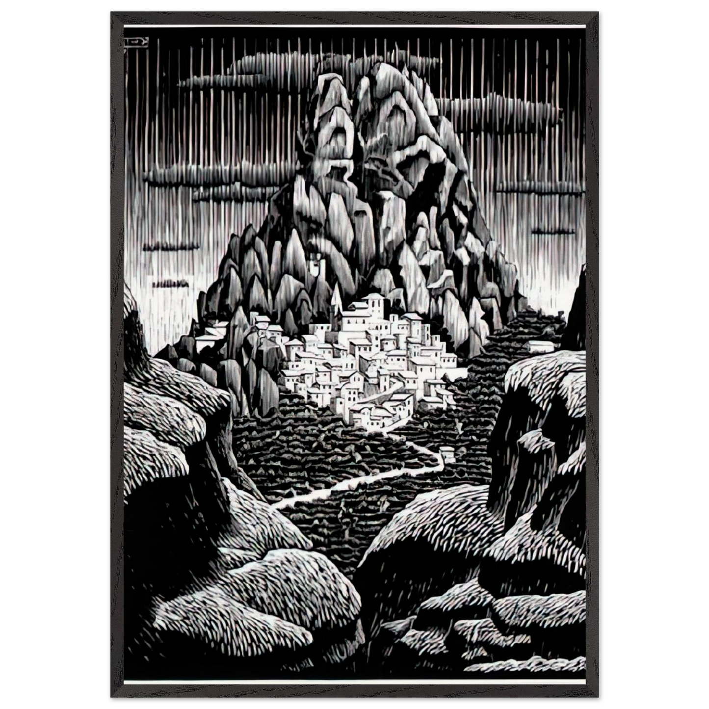 PENTEDATTIO CALABRIA JANUARY 1930 1930 - MC Escher 70x100 cm / 28x40 inches Framed Art Print – Black Wooden Frame | Maurits Cornelis Escher Prints