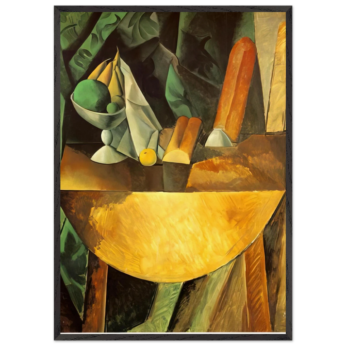 Bread and dish with fruits on the table - Pablo Picasso 70x100 cm / 28x40 inches Framed Art Print – Black Wooden Frame