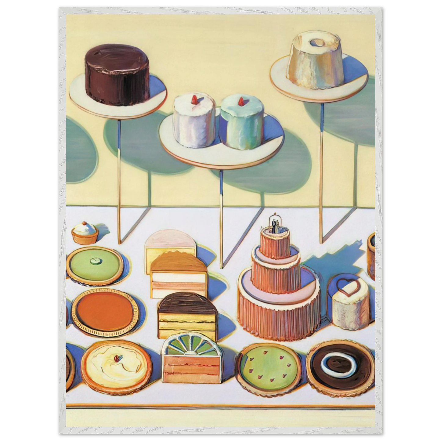 Wayne Thiebaud - Cakes and Pies - 1995 Wall Art - 60x80 cm / 24x32 inches - Premium Wooden Framed Poster With Fine Art Paper-canvas - White frame