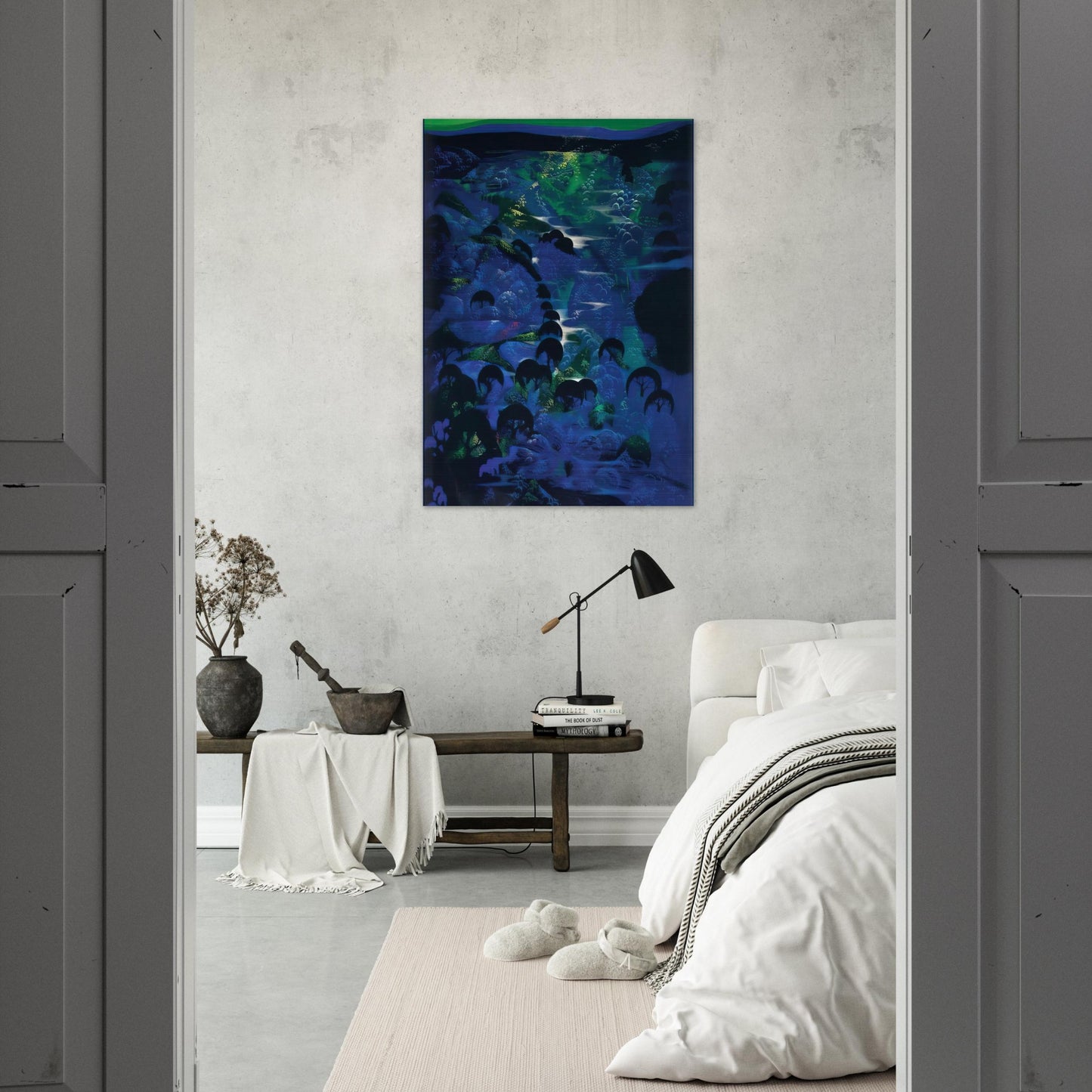 Beneath an Emerald Sky - Eyvind Earle Brushed Aluminum Print - 70x100 cm / 28x40 inches | Eyvind Earle Aluminum Print | Eyvind Earle Prints