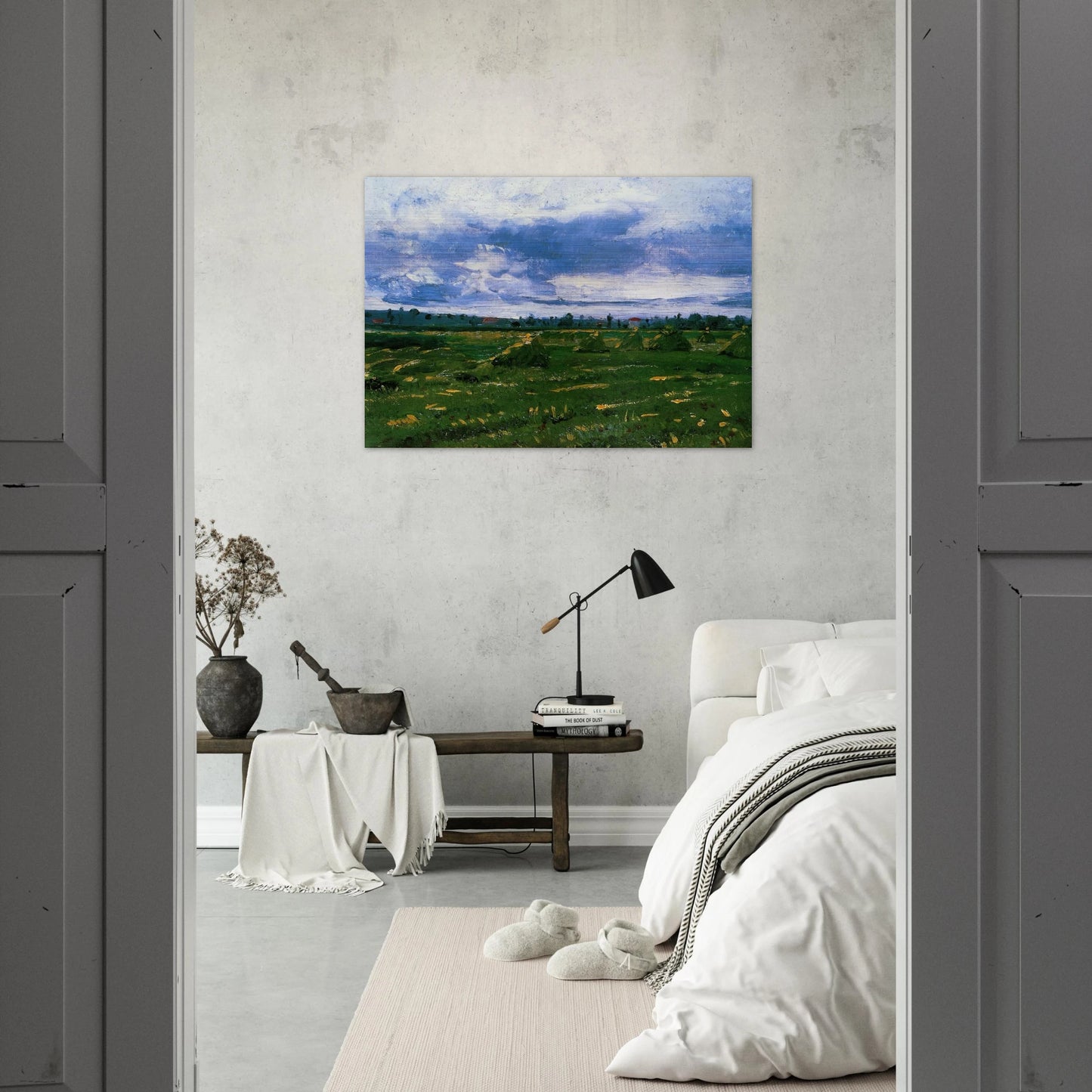 Wheat Fields with Stacks - Vincent van Gogh Brushed Aluminum Print - 70x100 cm / 28x40 inches | Vincent van Gogh Aluminum Print | Vincent van Gogh Prints