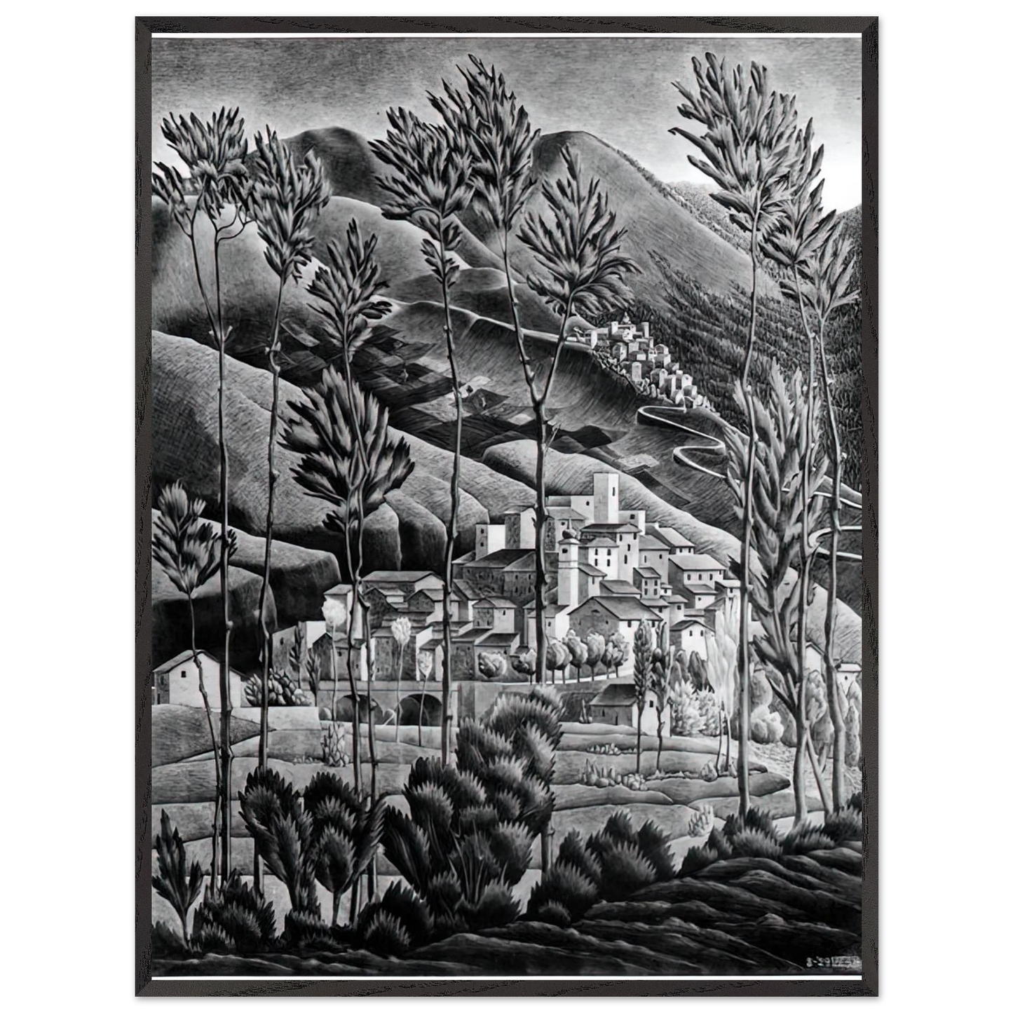 MC Escher - ALFEDENA ABRUZZI Wall Art - 60x80 cm / 24x32 inches - Premium Wooden Framed Poster With Fine Art Paper - White frame