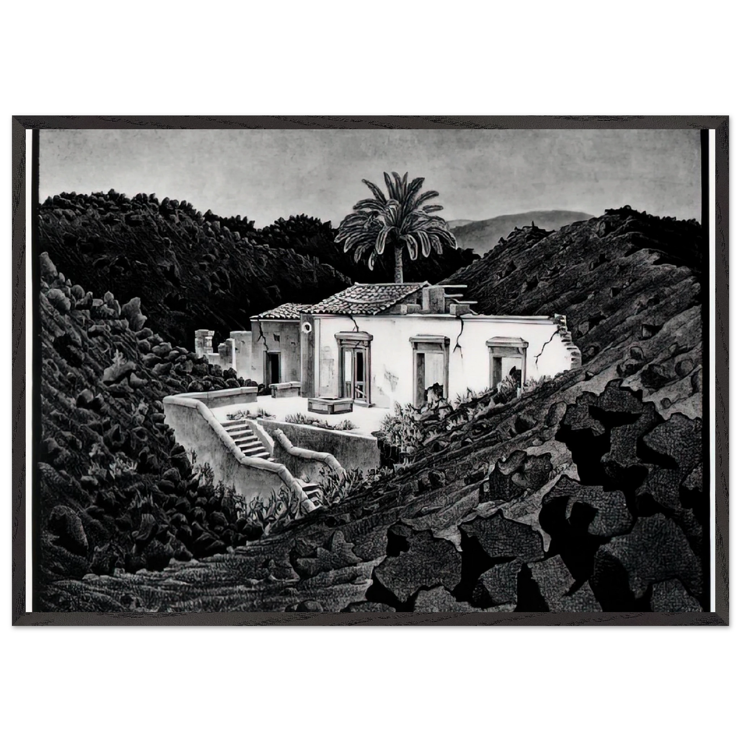 HOUSE IN THE LAVA NEAR NUNZIATA - MC Escher 70x100 cm / 28x40 inches Framed Art Print – Black Wooden Frame | Maurits Cornelis Escher Prints