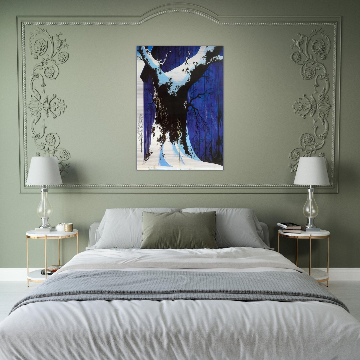 Blue Barn and Snow - Eyvind Earle Brushed Aluminum Print - 70x100 cm / 28x40 inches | Eyvind Earle Aluminum Print | Eyvind Earle Prints