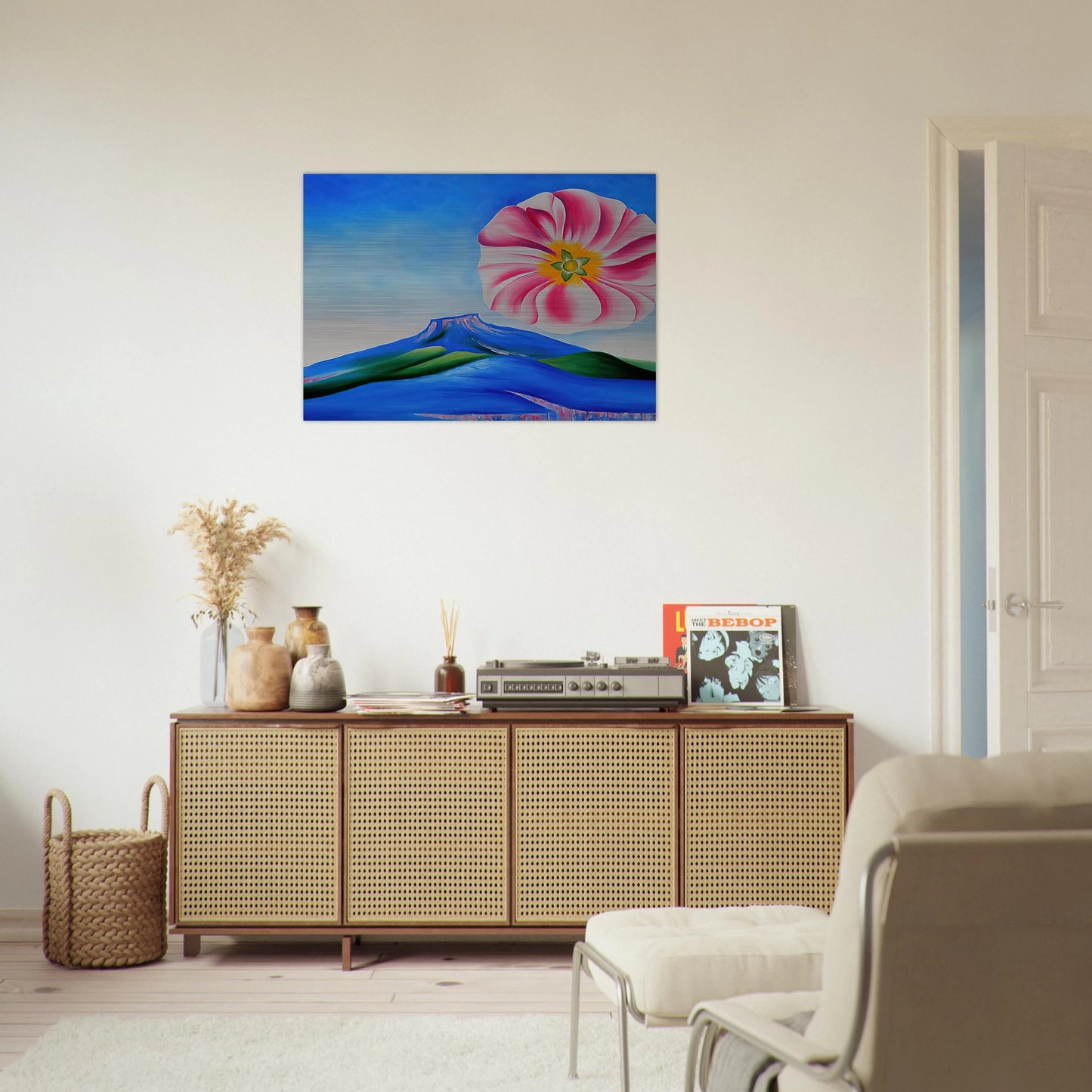 Hollyhock Pink with Pedernal - Georgia O'Keeffe Brushed Aluminum Print - 70x100 cm / 28x40 inches | Georgia O'Keeffe Aluminum Print | Georgia O'Keeffe Prints