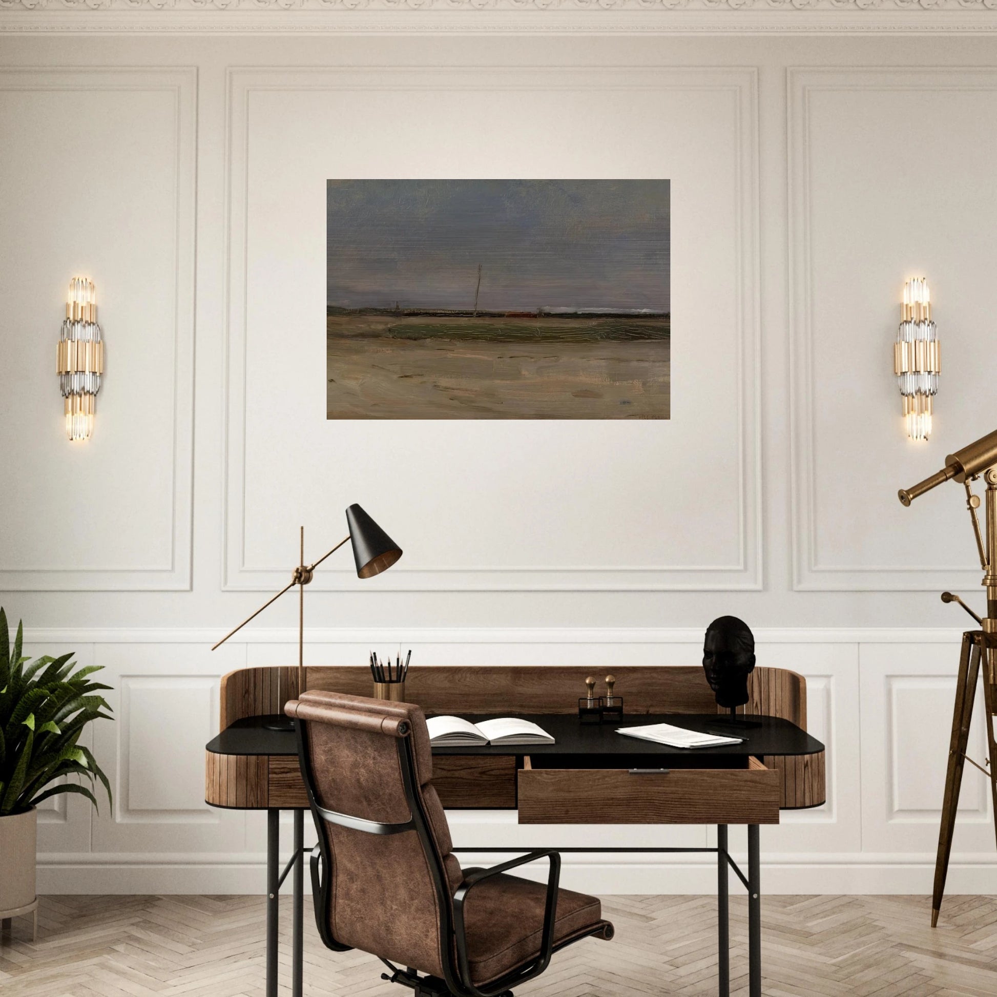 Polder Landscape with a Train and a Small Windmill on the Horizon - Piet Mondrian Brushed Aluminum Print - 70x100 cm / 28x40 inches | Piet Mondrian Aluminum Print | Piet Mondrian Prints