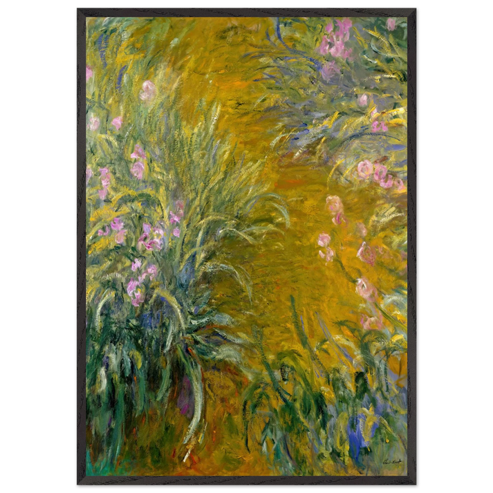 Path through the Irises 01 - claude monet 70x100 cm / 28x40 inches Framed Art Print – Black Wooden Frame