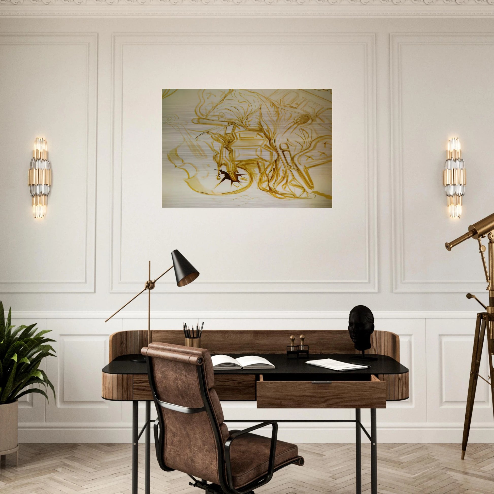BED AND BEDSIDE TABLE FEROCIOUSLY ATTACKING A CELLO - Salvador Dali Brushed Aluminum Print - 70x100 cm / 28x40 inches | Salvador Dali Aluminum Print | Salvador Dali Prints