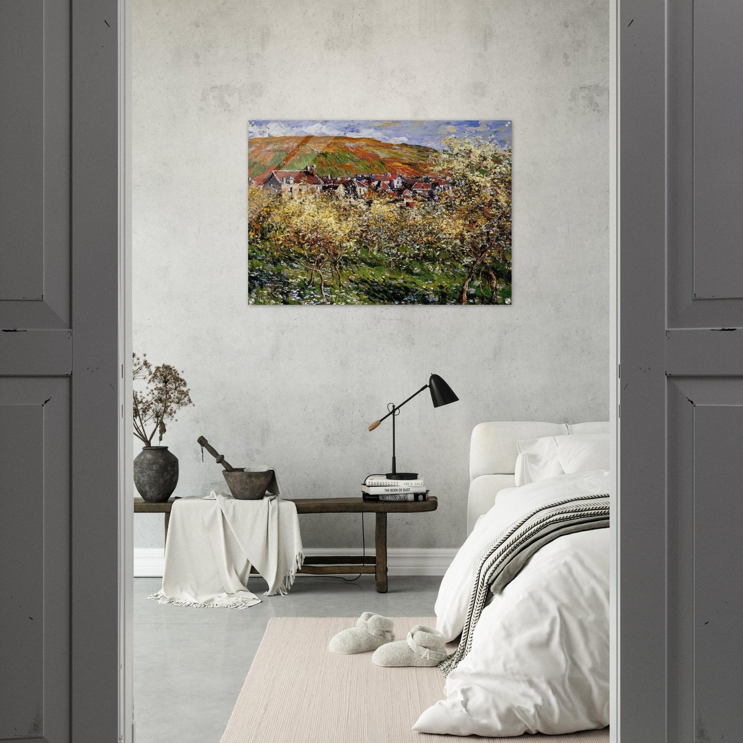 Plum Trees in Blossom at Vetheuil - claude monet Acrylic Print - 70x100 cm / 28x40″ inches | claude monet Wall Art | claude monet Prints