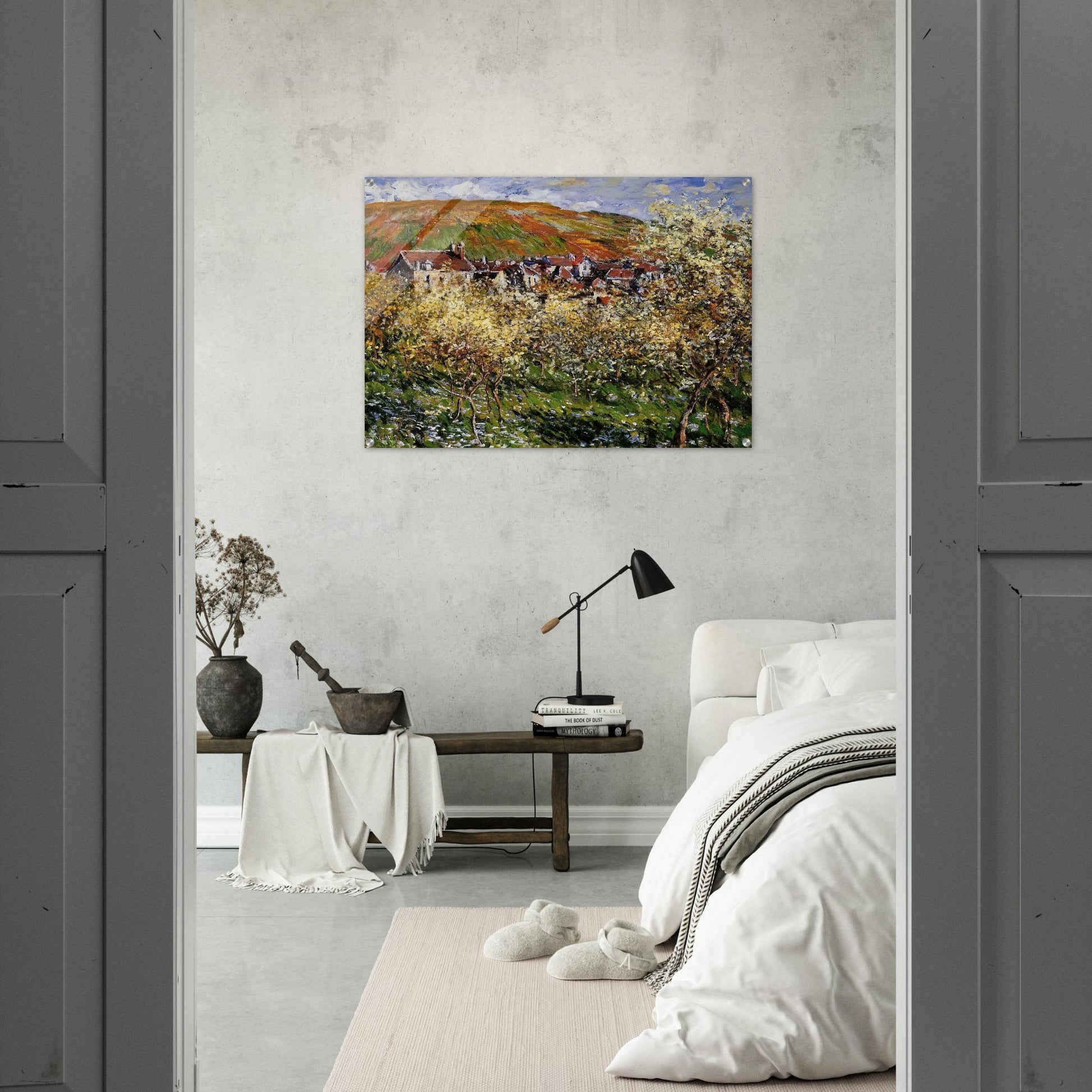 Plum Trees in Blossom at Vetheuil - claude monet Acrylic Print - 70x100 cm / 28x40″ inches | claude monet Wall Art | claude monet Prints