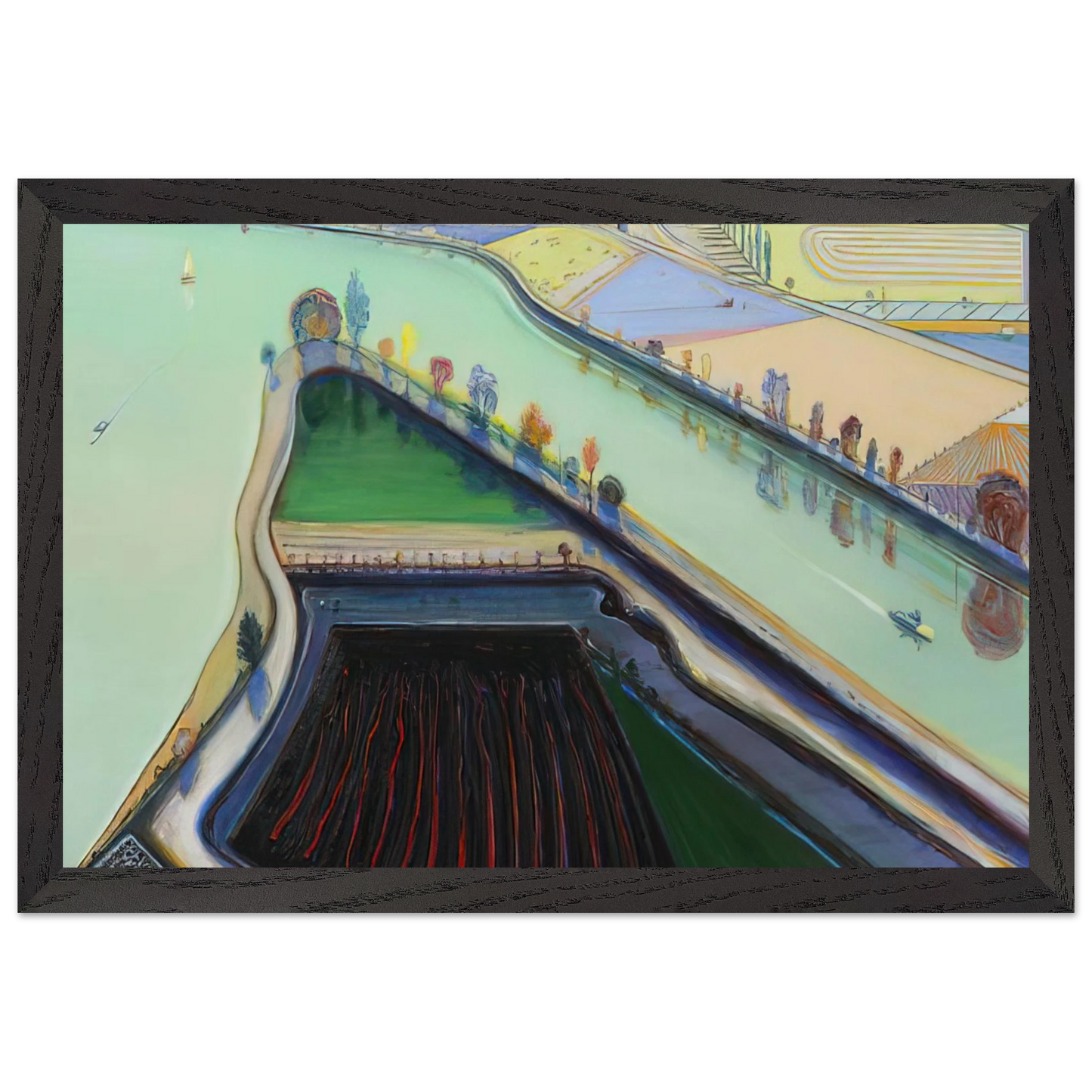 Wayne Thiebaud - River Boats - 2001 Wall Art - 21x29.7 cm / 8x12" - Premium Wooden Framed Poster With Fine Art Paper-canvas - Black frame