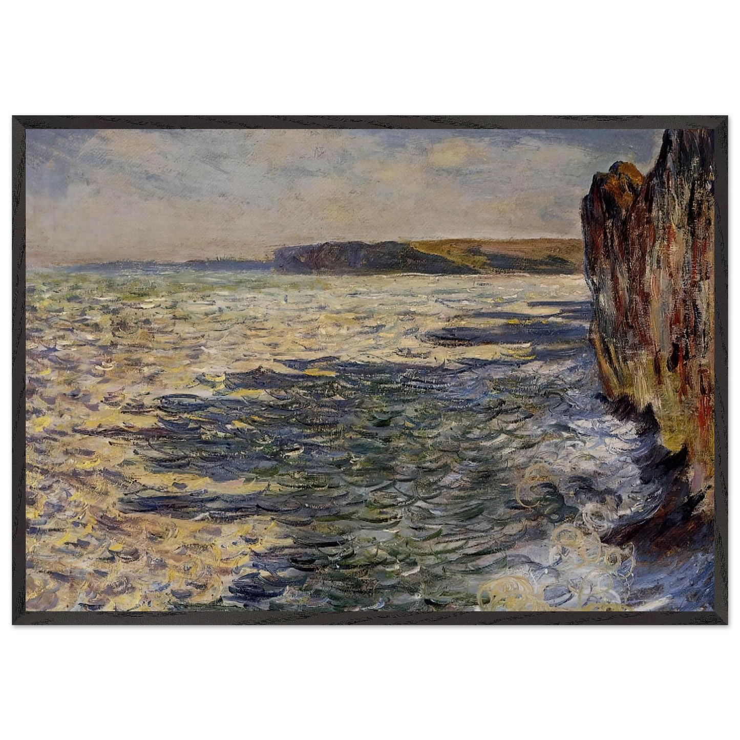 Waves and Rocks at Pourville - claude monet 70x100 cm / 28x40 inches Framed Art Print – Black Wooden Frame