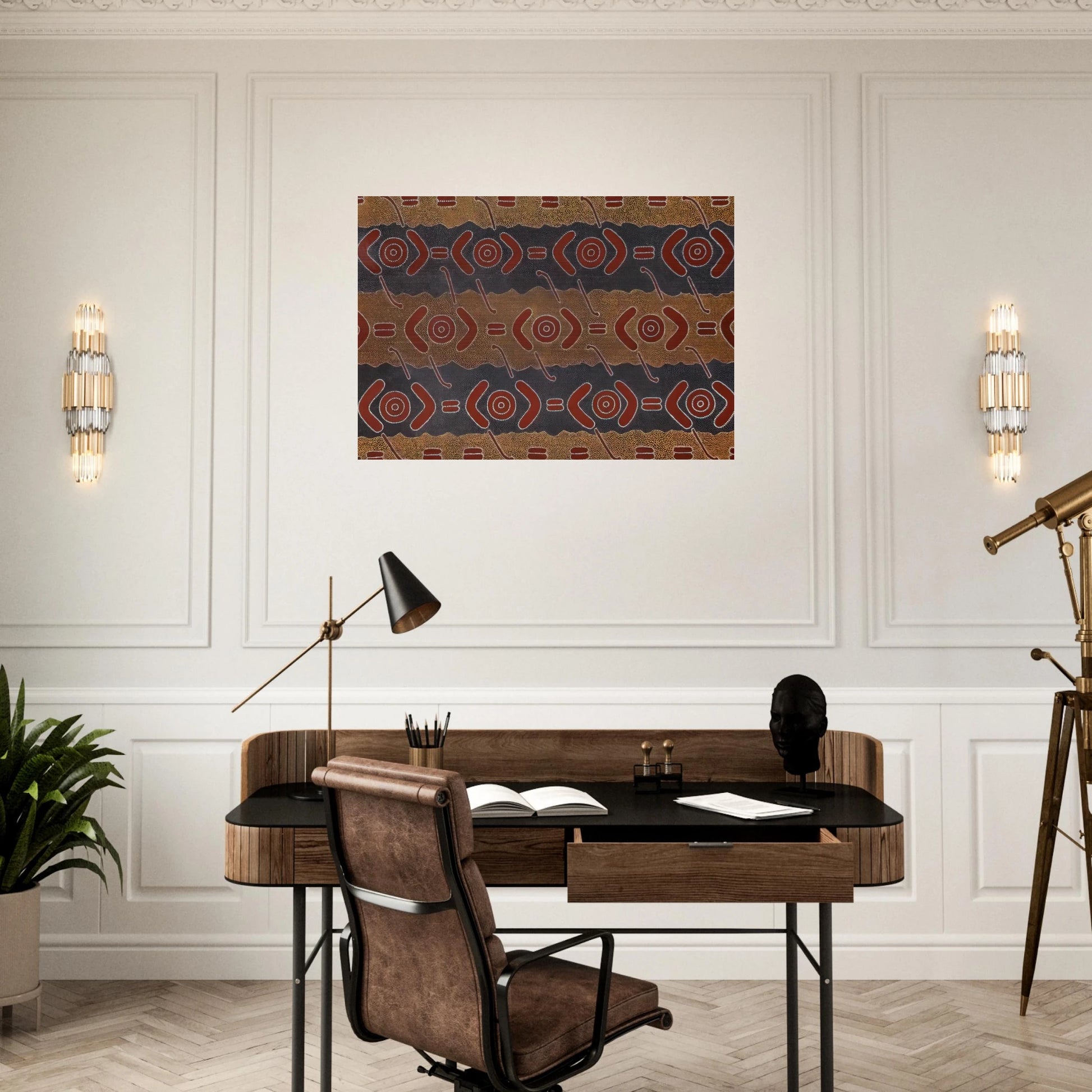 Men's Dreaming - Native Art - Clifford Possum Tjapaltjarri Brushed Aluminum Print - 70x100 cm / 28x40 inches | Clifford Possum Tjapaltjarri Aluminum Print | Clifford Possum Tjapaltjarri Prints
