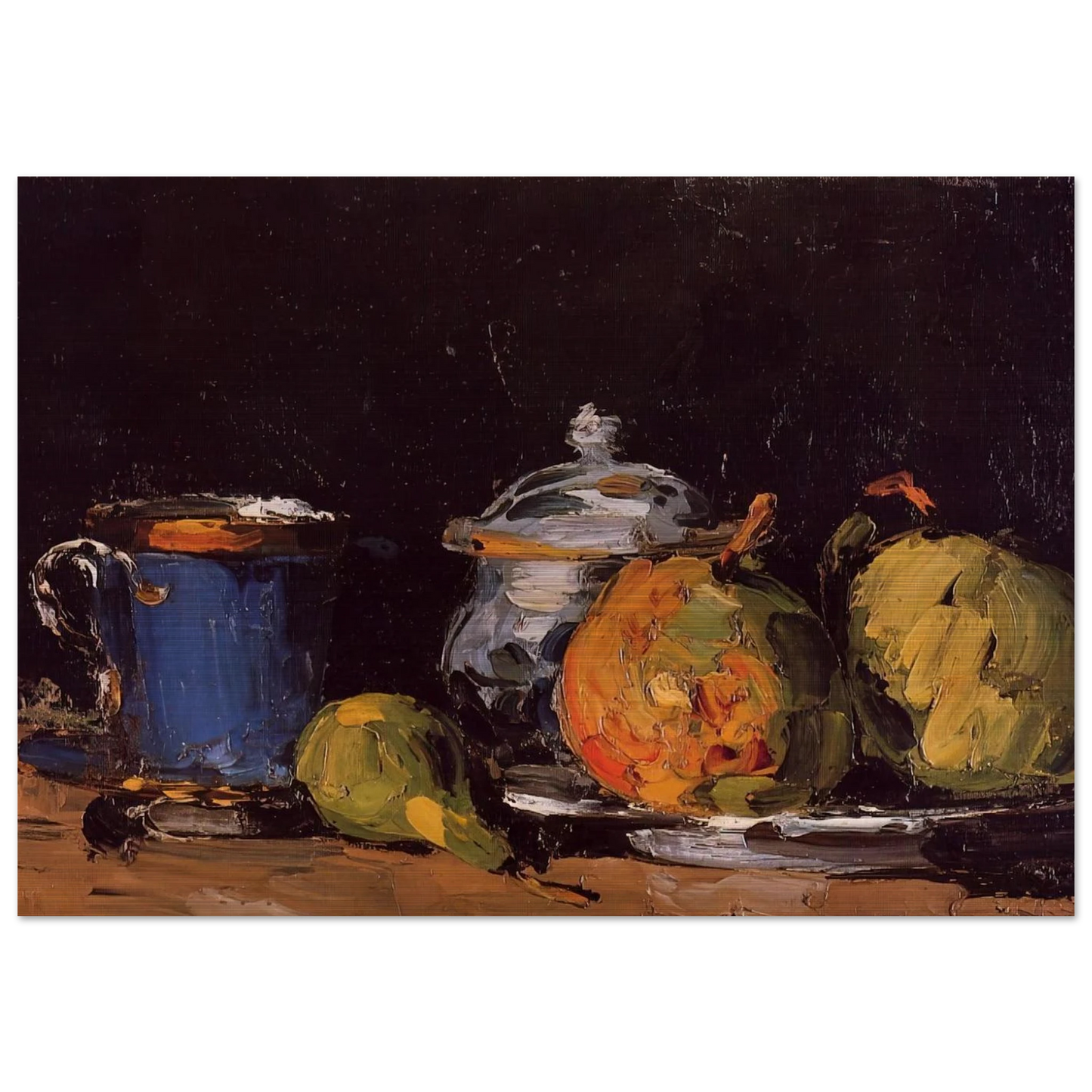 Sugar Bowl, Pears and Blue Cup - Paul Cézanne Brushed Aluminum Print - 70x100 cm / 28x40 inches | Paul Cézanne Aluminum Print | Paul Cézanne Prints