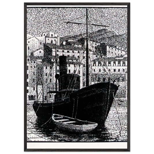 TUGBOAT OLD HARBOR OF BASTIA JANUARY 1934 1934 - MC Escher 70x100 cm / 28x40 inches Framed Art Print – Black Wooden Frame | Maurits Cornelis Escher Prints