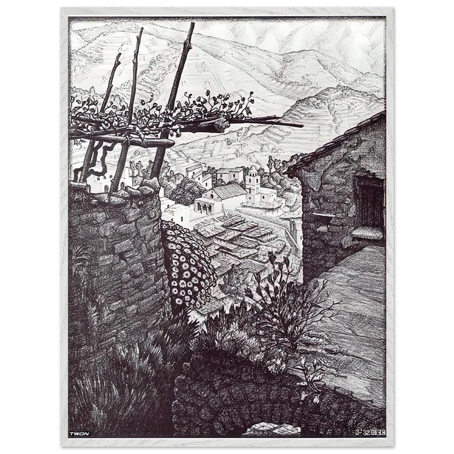 MC Escher - THE HAMLET OF TURELLO SOUTHERN ITALY Wall Art - 30x40 cm / 12x16 inches - Premium Wooden Framed Poster With Fine Art Paper-canvas - Wood frame