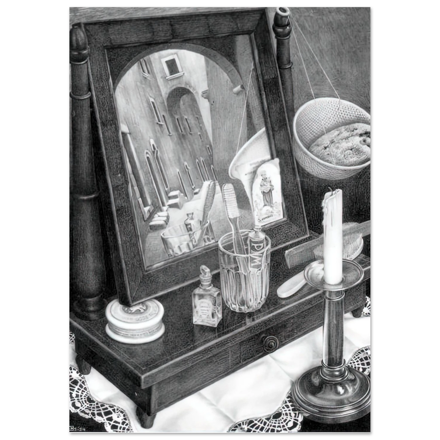 MC Escher - CANDLE MIRROR Wall Art - 60x80 cm / 24x32 inches - Premium Wooden Framed Poster With Fine Art Paper-canvas - Wood frame