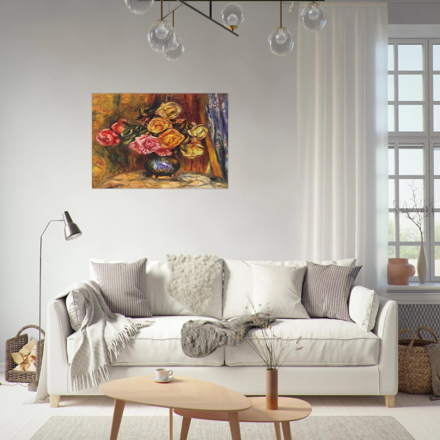 Roses in front of a blue curtain - Pierre-Auguste Renoir Brushed Aluminum Print - 70x100 cm / 28x40 inches | Pierre-Auguste Renoir Aluminum Print | Pierre-Auguste Renoir Prints