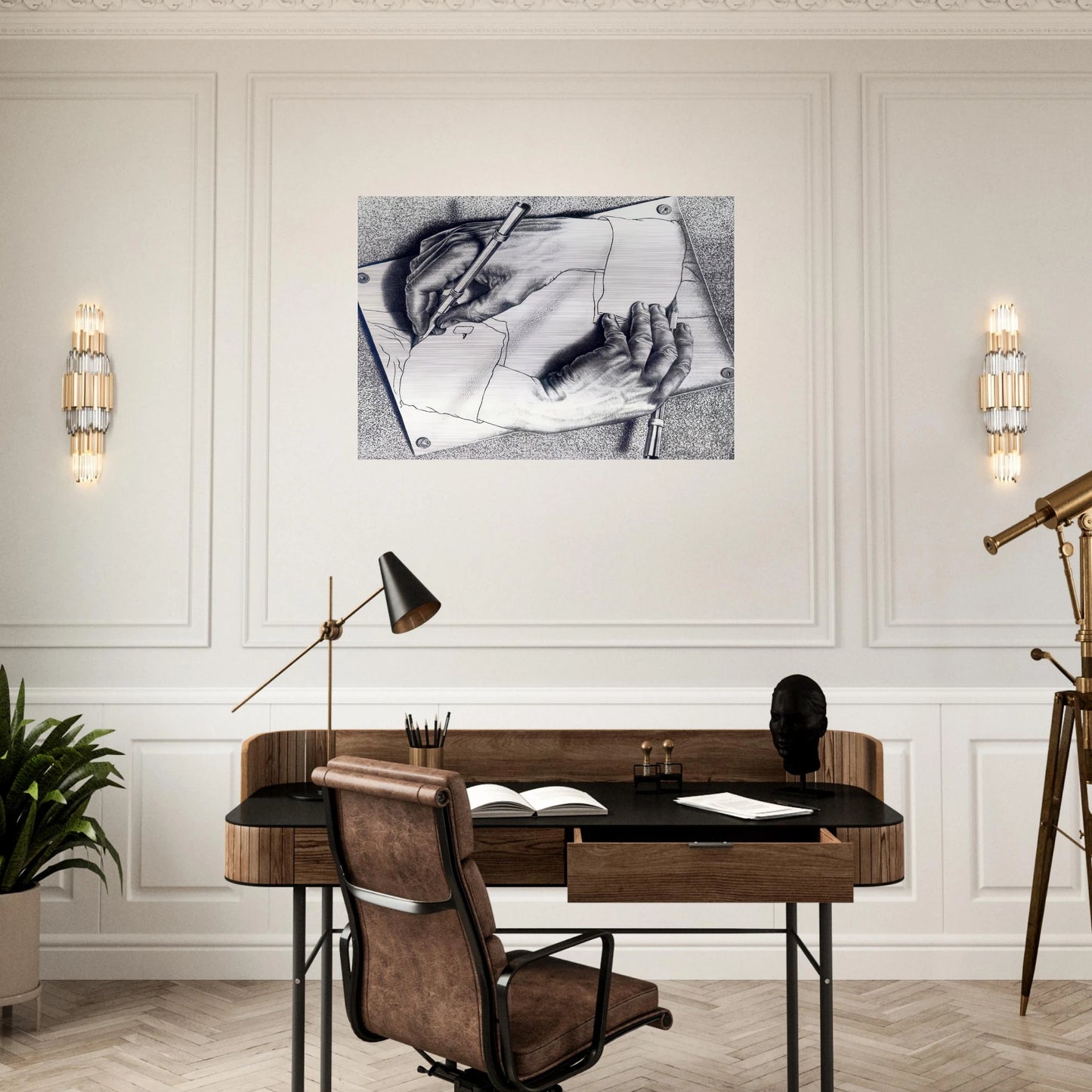 DRAWING HANDS - MC Escher Brushed Aluminum Print - 70x100 cm / 28x40 inches | MC Escher Aluminum Print | MC Escher Prints | Maurits Cornelis Escher Prints