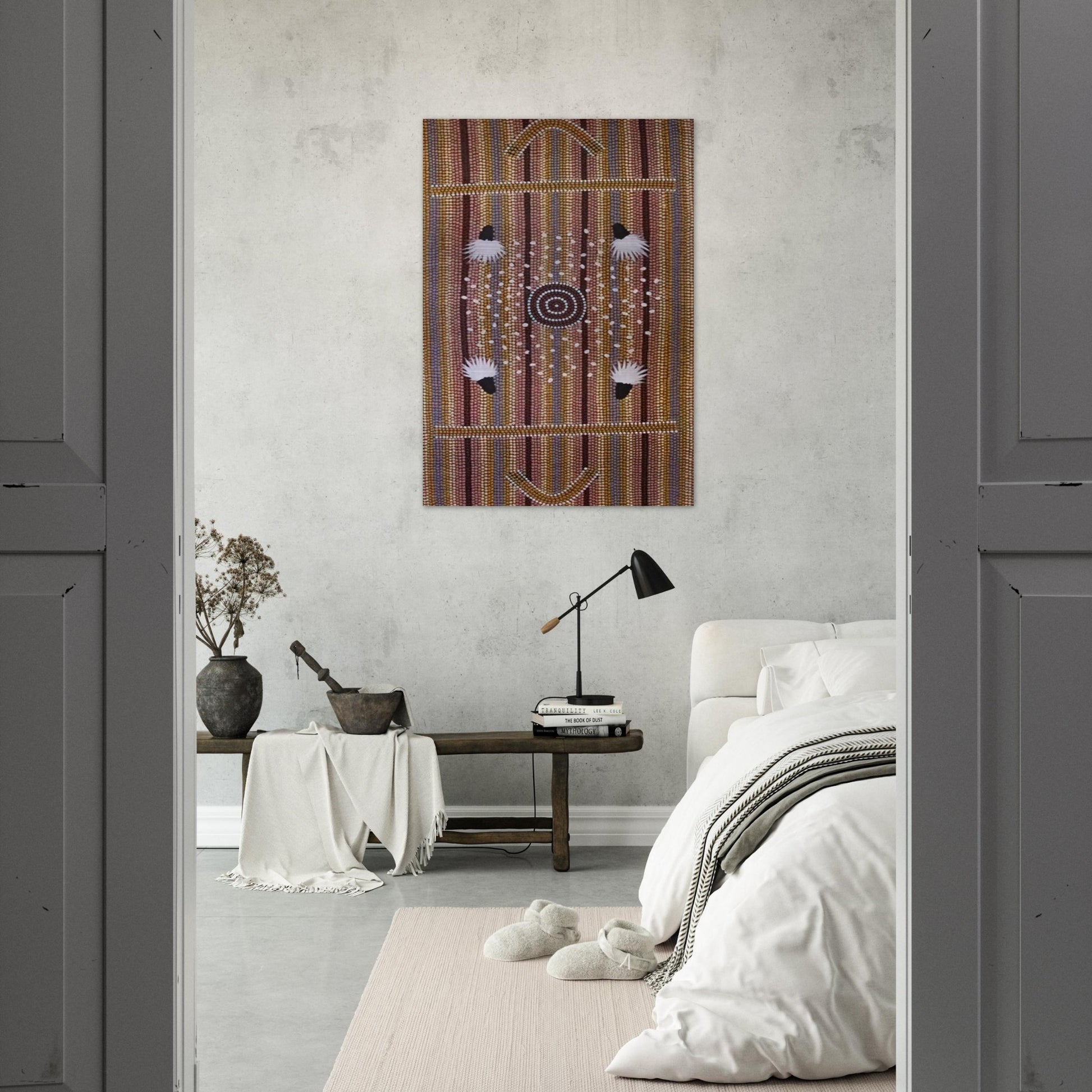 Bush Plum Dreaming - Native Art - Clifford Possum Tjapaltjarri Brushed Aluminum Print - 70x100 cm / 28x40 inches | Clifford Possum Tjapaltjarri Aluminum Print | Clifford Possum Tjapaltjarri Prints