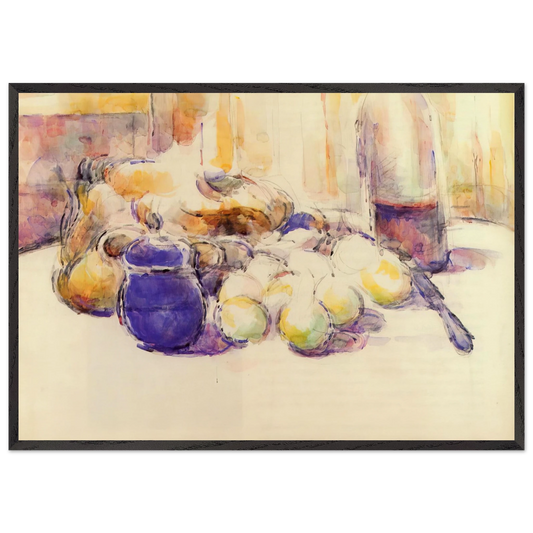 Blue Pot and Bottle of Wine - Paul Cezanne 70x100 cm / 28x40 inches Framed Art Print – Black Wooden Frame