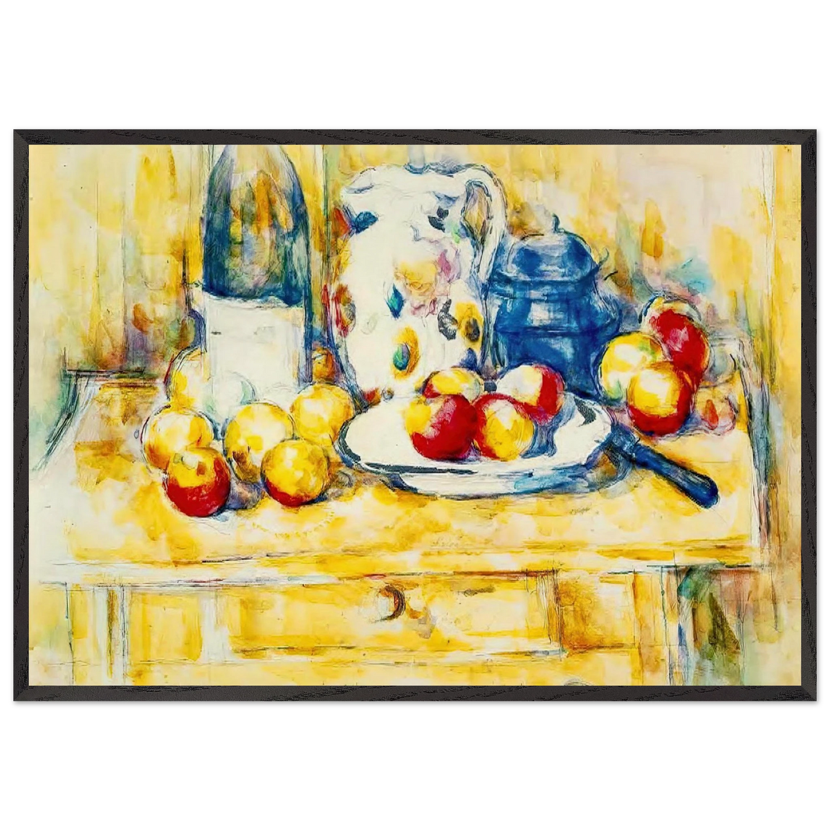 Still Life with Apples a Bottle and a Milk Pot - Paul Cezanne 70x100 cm / 28x40 inches Framed Art Print – Black Wooden Frame