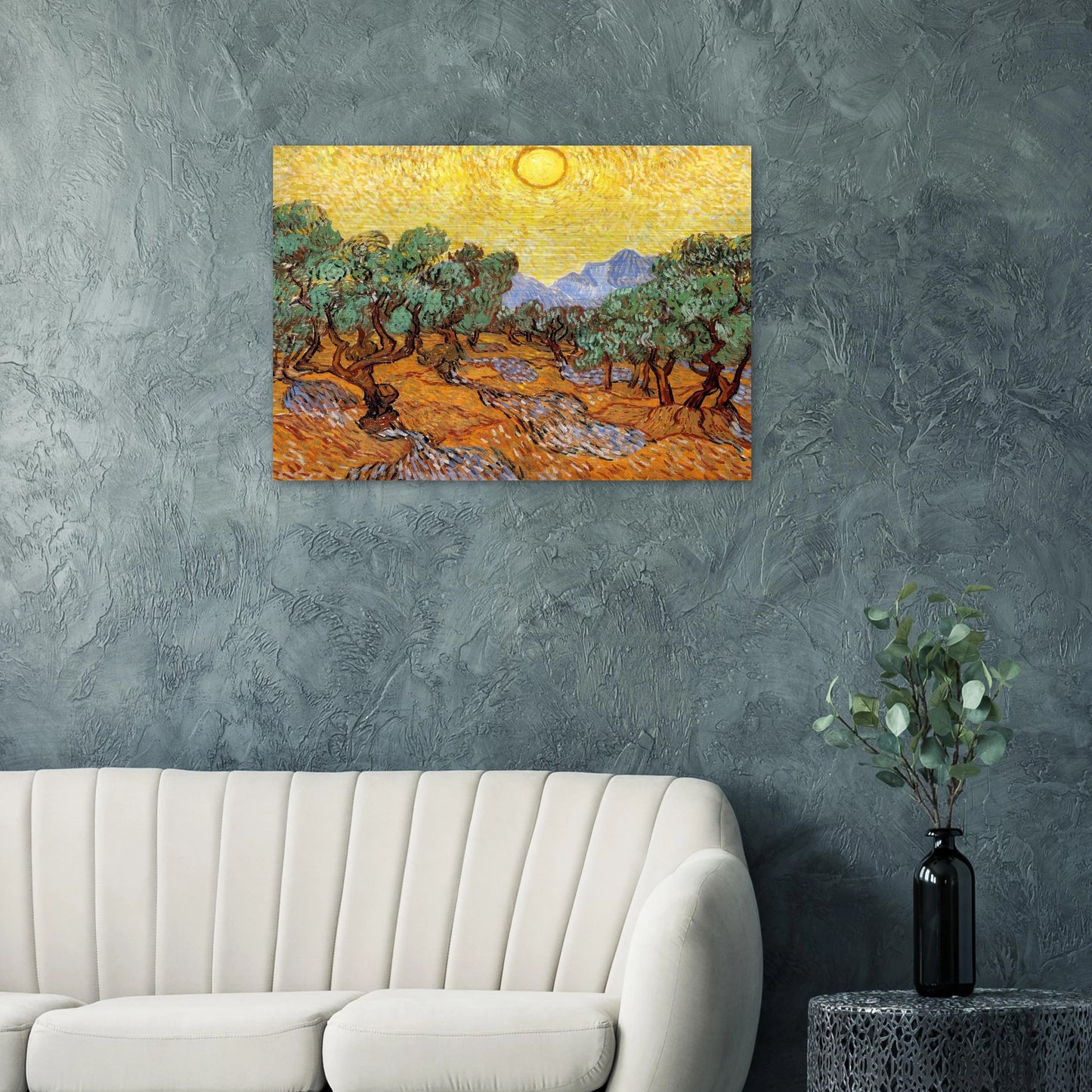 Olive Trees with Yellow Sky and Sun - Vincent van Gogh Brushed Aluminum Print - 70x100 cm / 28x40 inches | Vincent van Gogh Aluminum Print | Vincent van Gogh Prints