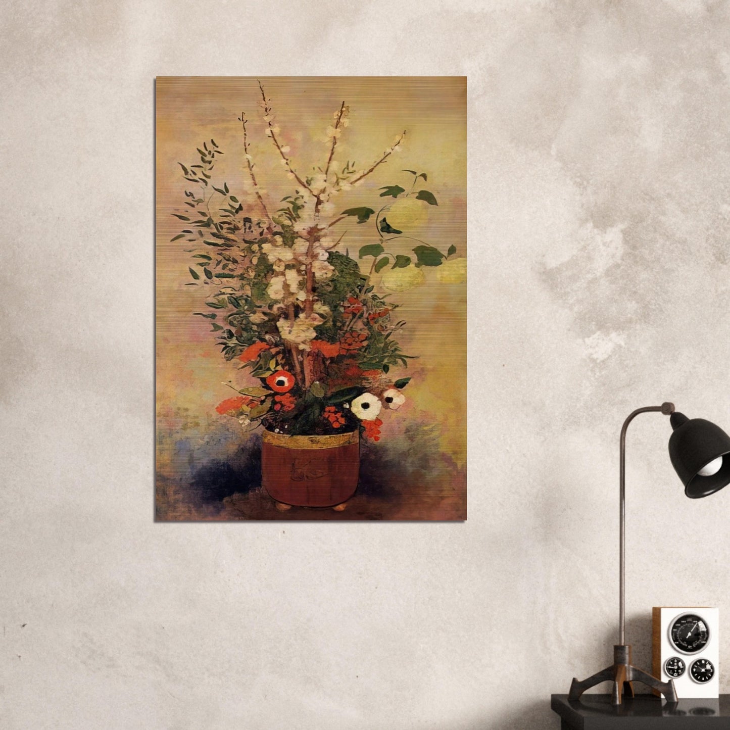 VASE OF FLOWERS WITH BRANCHES OF A FLOWERING APPLE TREE - Odilon Redon Brushed Aluminum Print - 70x100 cm / 28x40 inches | Odilon Redon Aluminum Print | Odilon Redon Prints