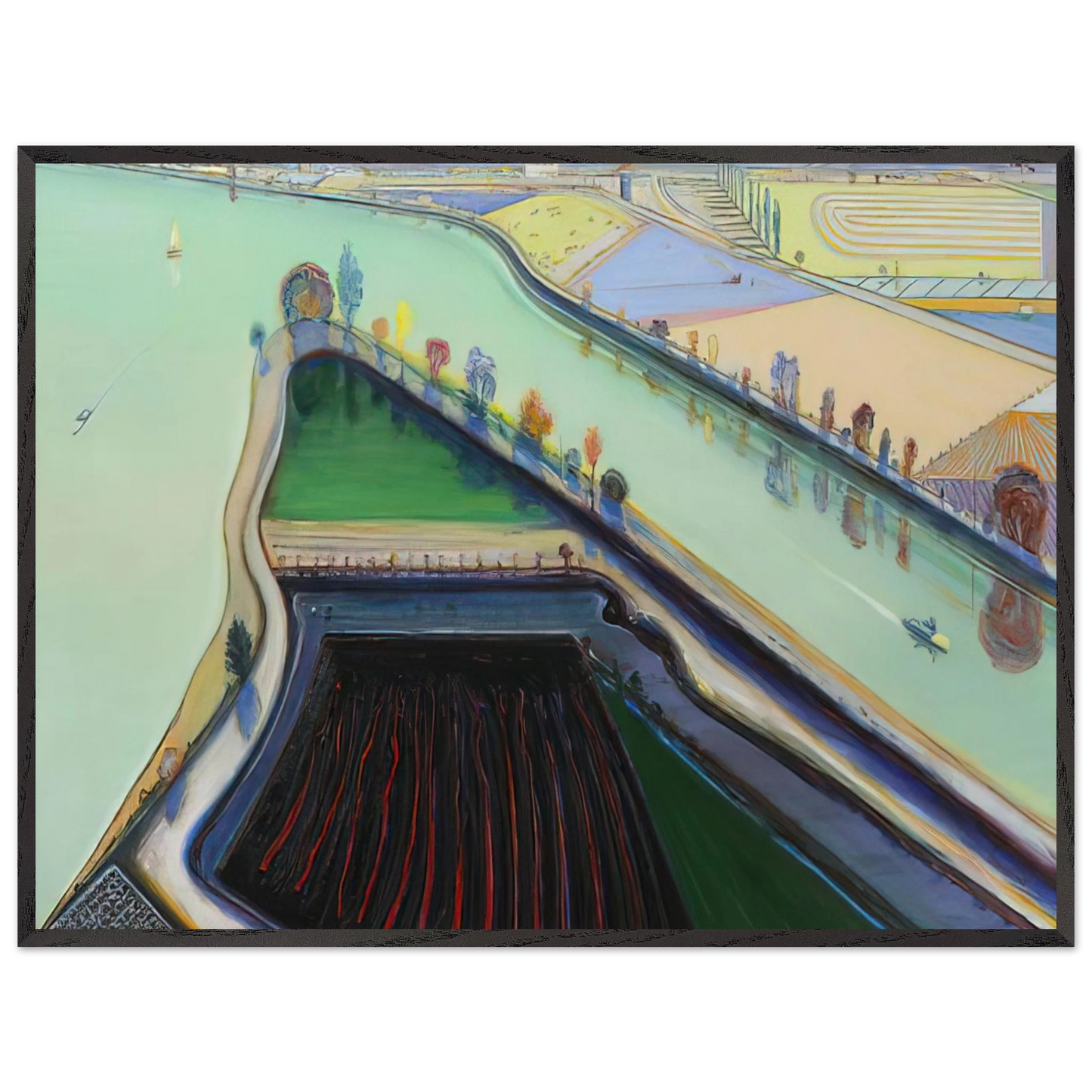 Wayne Thiebaud - River Boats - 2001 Wall Art - 30x40 cm / 12x16 inches - Premium Wooden Framed Poster With Fine Art Paper-canvas - White frame