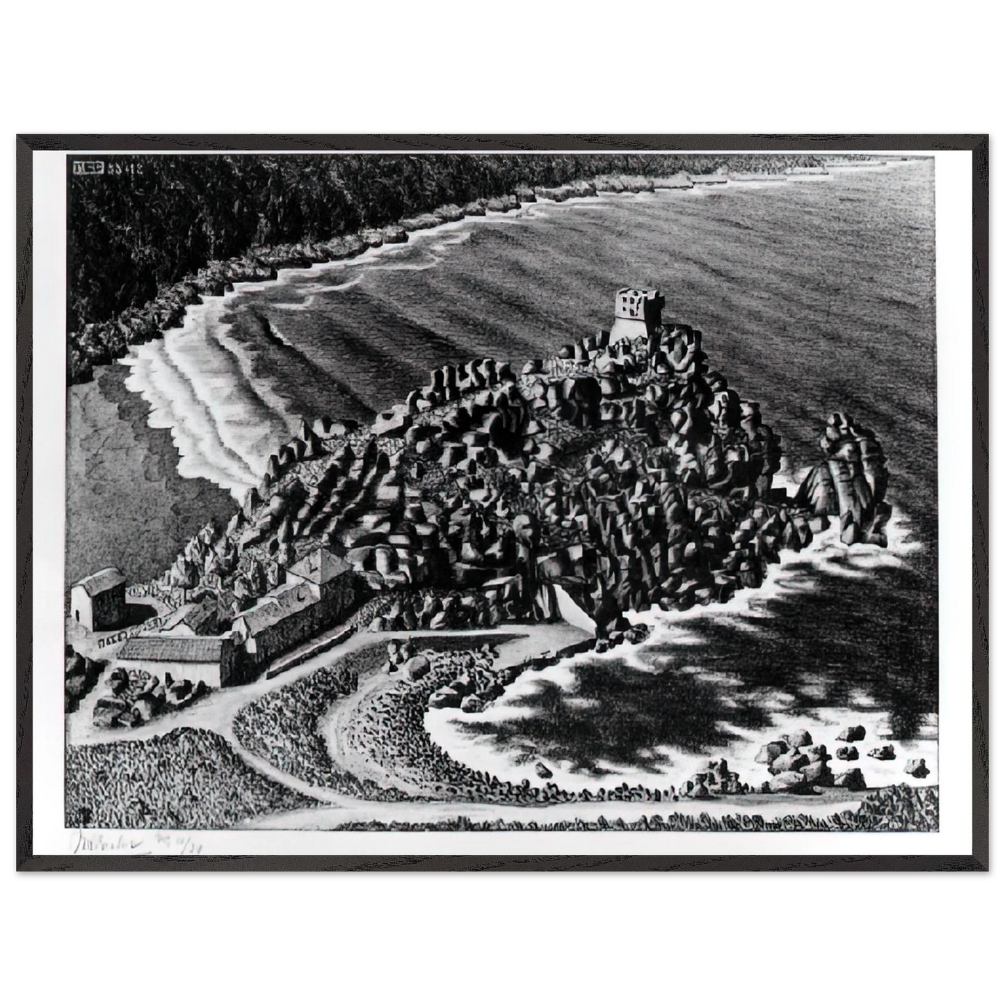 MC Escher - GULF OF PORTO CORSICA DECEMBER 1933 1933 Wall Art - 60x80 cm / 24x32 inches - Premium Wooden Framed Poster With Fine Art Paper - Wood frame