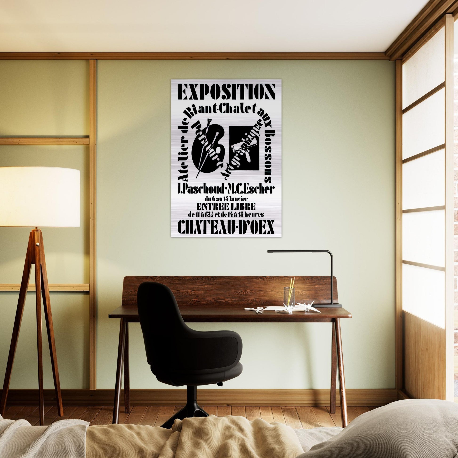 POSTER FOR EXHIBITION JOHN PASCHOUD AND M C ESCHER DECEMBER 1936 1936 - MC Escher Brushed Aluminum Print - 70x100 cm / 28x40 inches | MC Escher Aluminum Print | MC Escher Prints