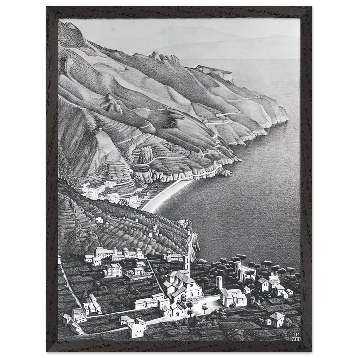 MC Escher - RAVELLO AND THE COAST OF AMALFI Wall Art - 30x40 cm / 12x16 inches - Premium Wooden Framed Poster With Fine Art Paper-canvas - Wood frame