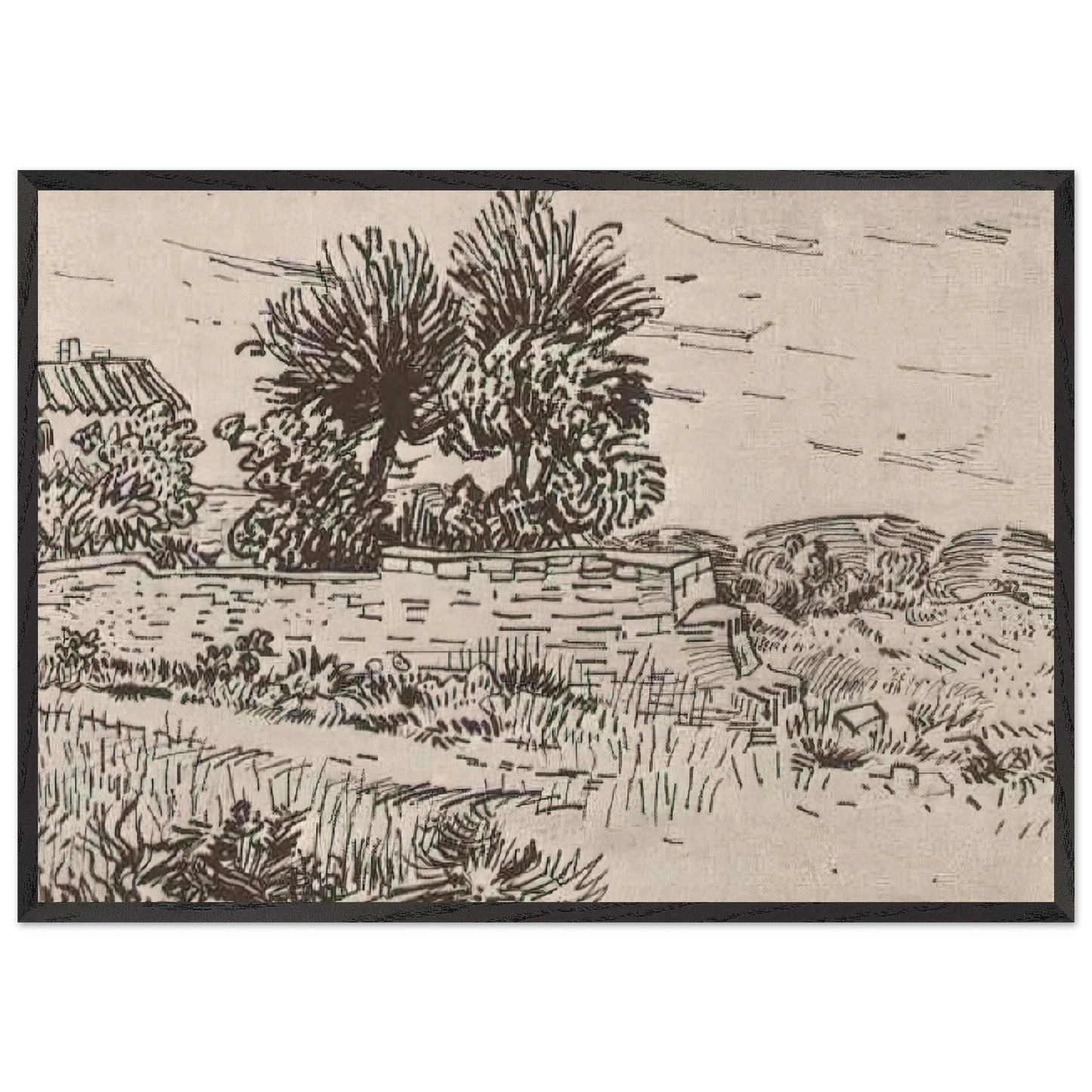 Landscape with the Wall of a Farm - Vincent van Gogh 70x100 cm / 28x40 inches Framed Art Print – Black Wooden Frame