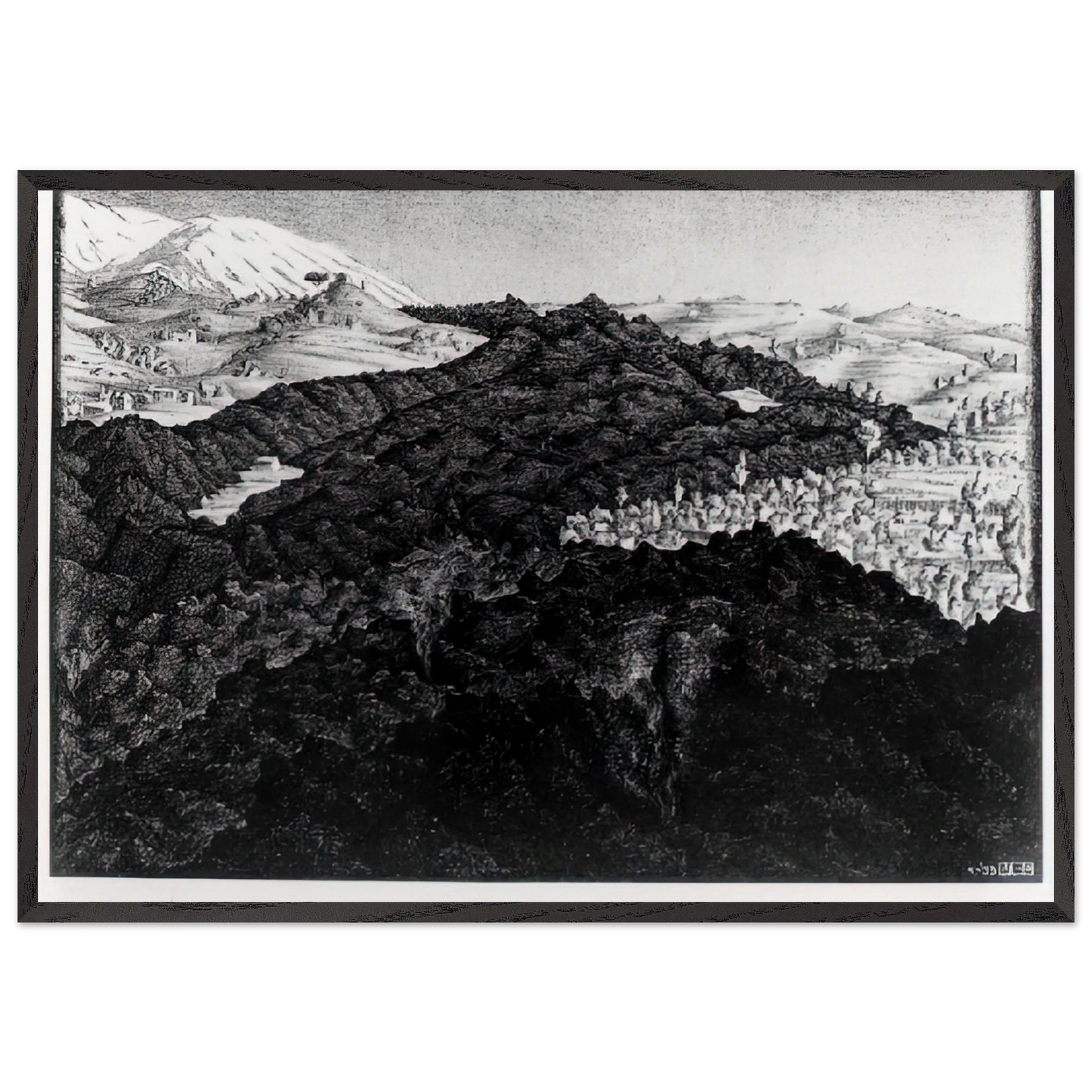 LAVA FLOW FROM ETNA - MC Escher 70x100 cm / 28x40 inches Framed Art Print – Black Wooden Frame | Maurits Cornelis Escher Prints