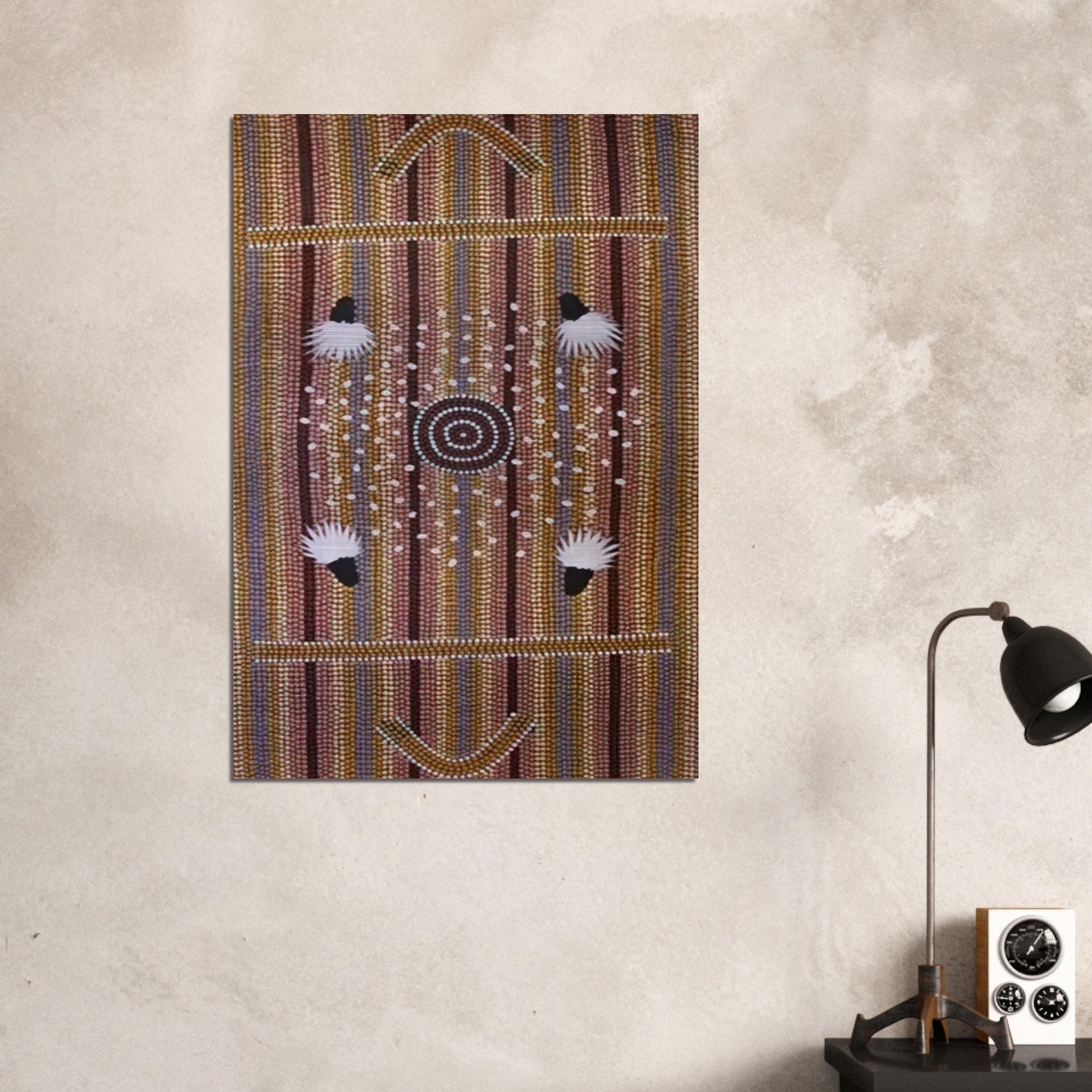 Bush Plum Dreaming - Native Art - Clifford Possum Tjapaltjarri Brushed Aluminum Print - 70x100 cm / 28x40 inches | Clifford Possum Tjapaltjarri Aluminum Print | Clifford Possum Tjapaltjarri Prints