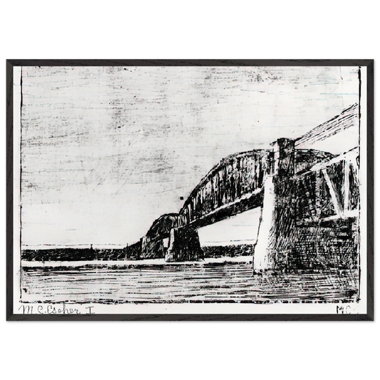 RAILWAY BRIDGE OOSTERBEEK - MC Escher 70x100 cm / 28x40 inches Framed Art Print – Black Wooden Frame | Maurits Cornelis Escher Prints