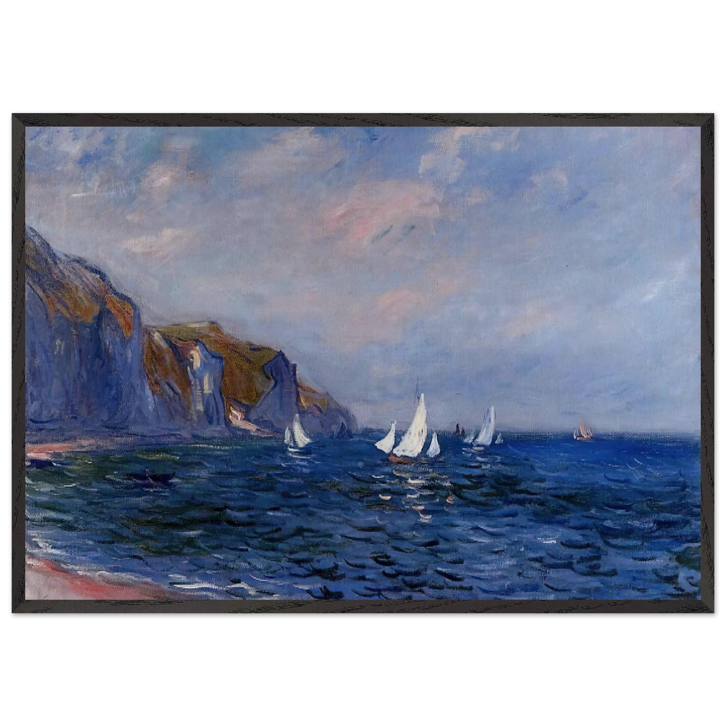 Cliffs and Sailboats at Pourville - claude monet 70x100 cm / 28x40 inches Framed Art Print – Black Wooden Frame