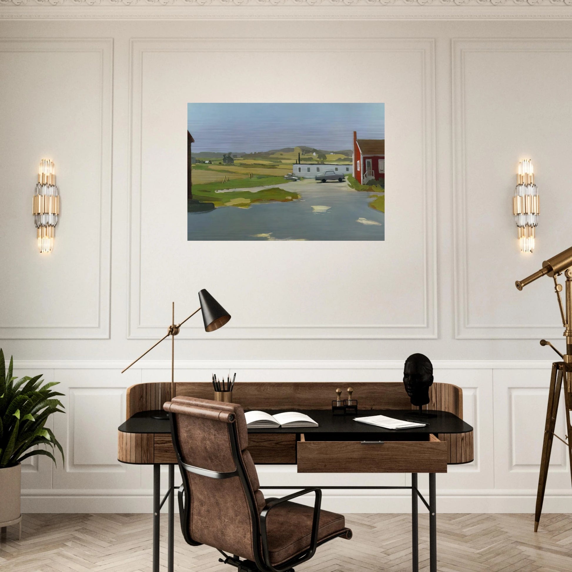 LONG ISLAND LANDSCAPE WITH RED BUILDING 1962 - Fairfield Porter Brushed Aluminum Print - 70x100 cm / 28x40 inches | Fairfield Porter Aluminum Print | Fairfield Porter Prints
