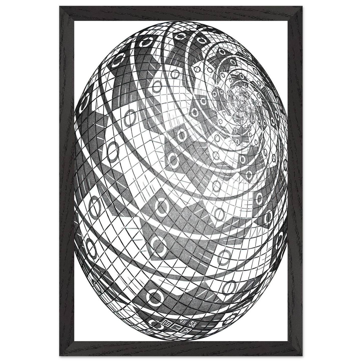 MC Escher - SPHERE SURFACE WITH FISHES Wall Art - 21x29.7 cm / 8x12" - Premium Wooden Framed Poster With Fine Art Paper-canvas - Wood frame