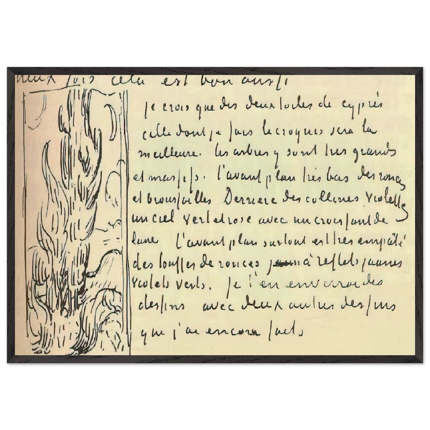 Cypresses Sketch on a Letter to Theo Van Gogh - Vincent van Gogh 70x100 cm / 28x40 inches Framed Art Print – Black Wooden Frame