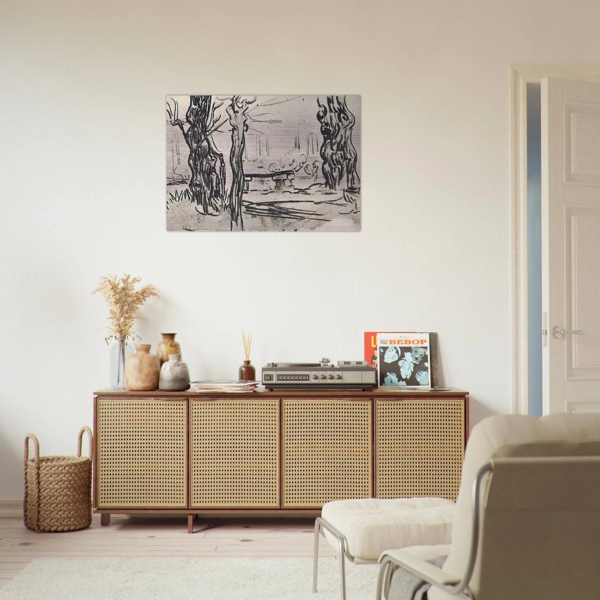 Garden of the Asylum and Tree Trunks and a Stone Bench - Vincent van Gogh Brushed Aluminum Print - 70x100 cm / 28x40 inches | Vincent van Gogh Aluminum Print | Vincent van Gogh Prints