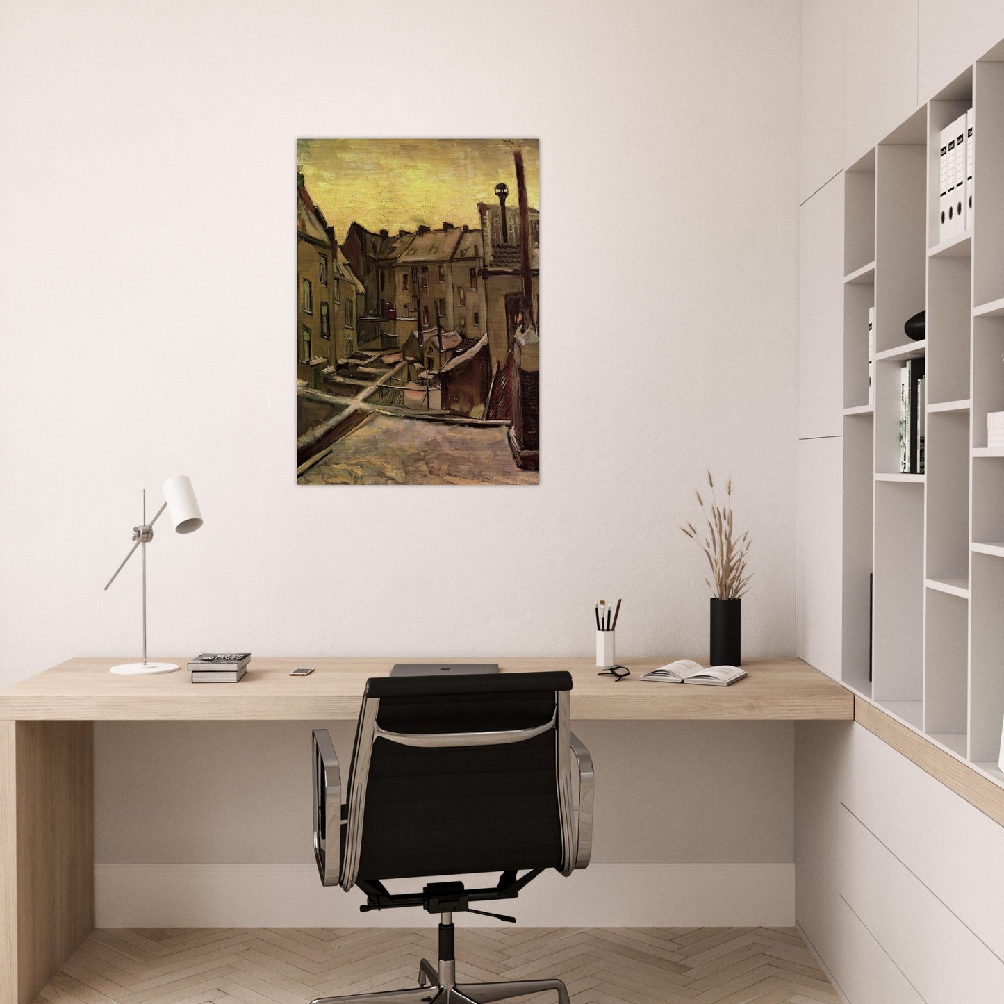 Backyards of Old Houses in Antwerp in the Snow - Vincent van Gogh Brushed Aluminum Print - 70x100 cm / 28x40 inches | Vincent van Gogh Aluminum Print | Vincent van Gogh Prints