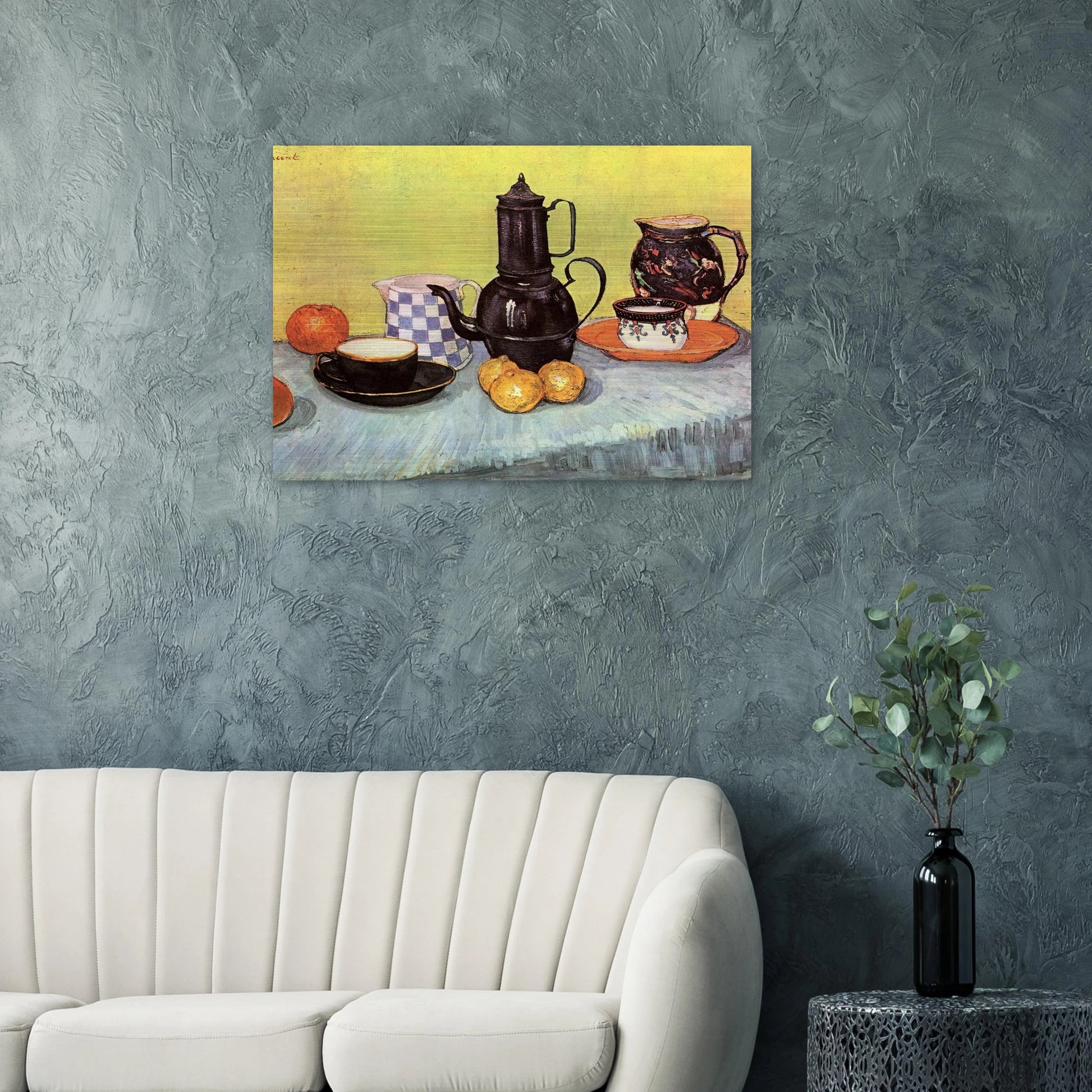 Still Life with Blue Enamel Coffeepot, Earthenware and Fruit - Vincent van Gogh Brushed Aluminum Print - 70x100 cm / 28x40 inches | Vincent van Gogh Aluminum Print | Vincent van Gogh Prints