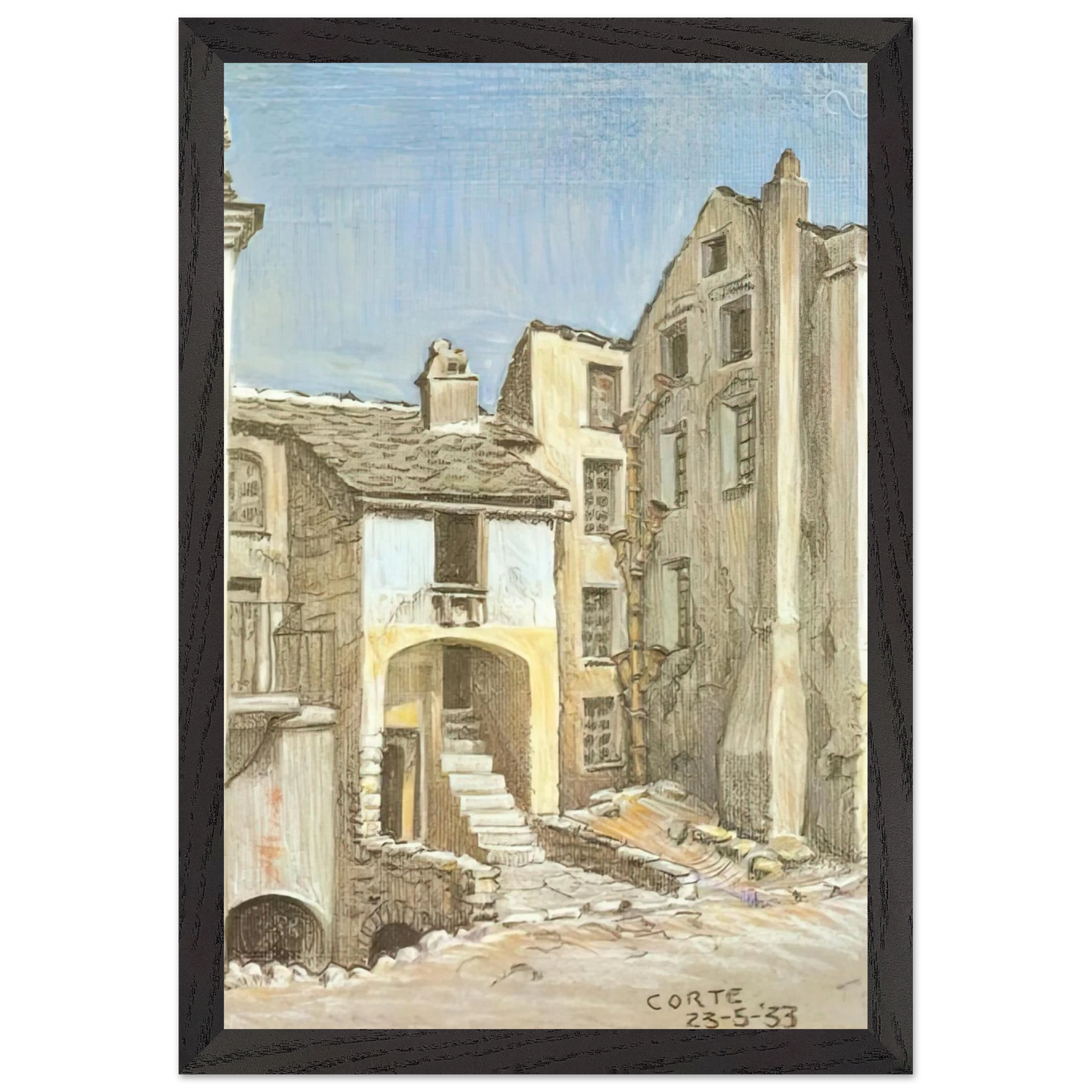 MC Escher - CORTE CORSICA Wall Art - 21x29.7 cm / 8x12" - Premium Wooden Framed Poster With Fine Art Paper-canvas - White frame