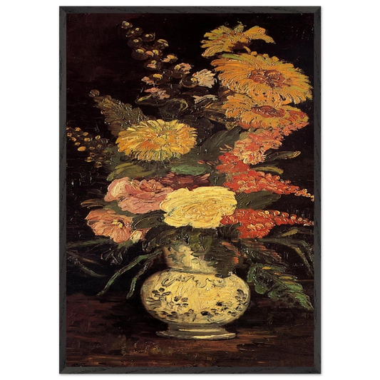 Vase with Asters Salvia and Other Flowers - Vincent van Gogh 70x100 cm / 28x40 inches Framed Art Print – Black Wooden Frame