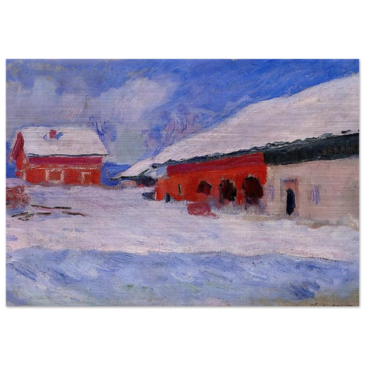 Red Houses at Bjornegaard in the Snow, Norway - claude monet Brushed Aluminum Print - 70x100 cm / 28x40 inches | claude monet Aluminum Print | claude monet Prints