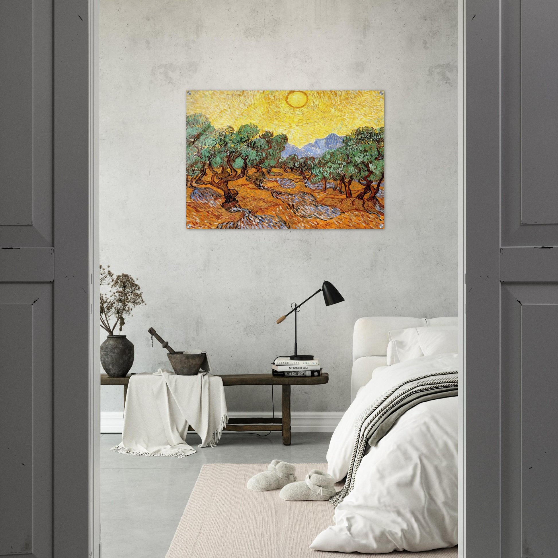 Olive Trees with Yellow Sky and Sun - Vincent van Gogh Acrylic Print - 70x100 cm / 28x40″ inches