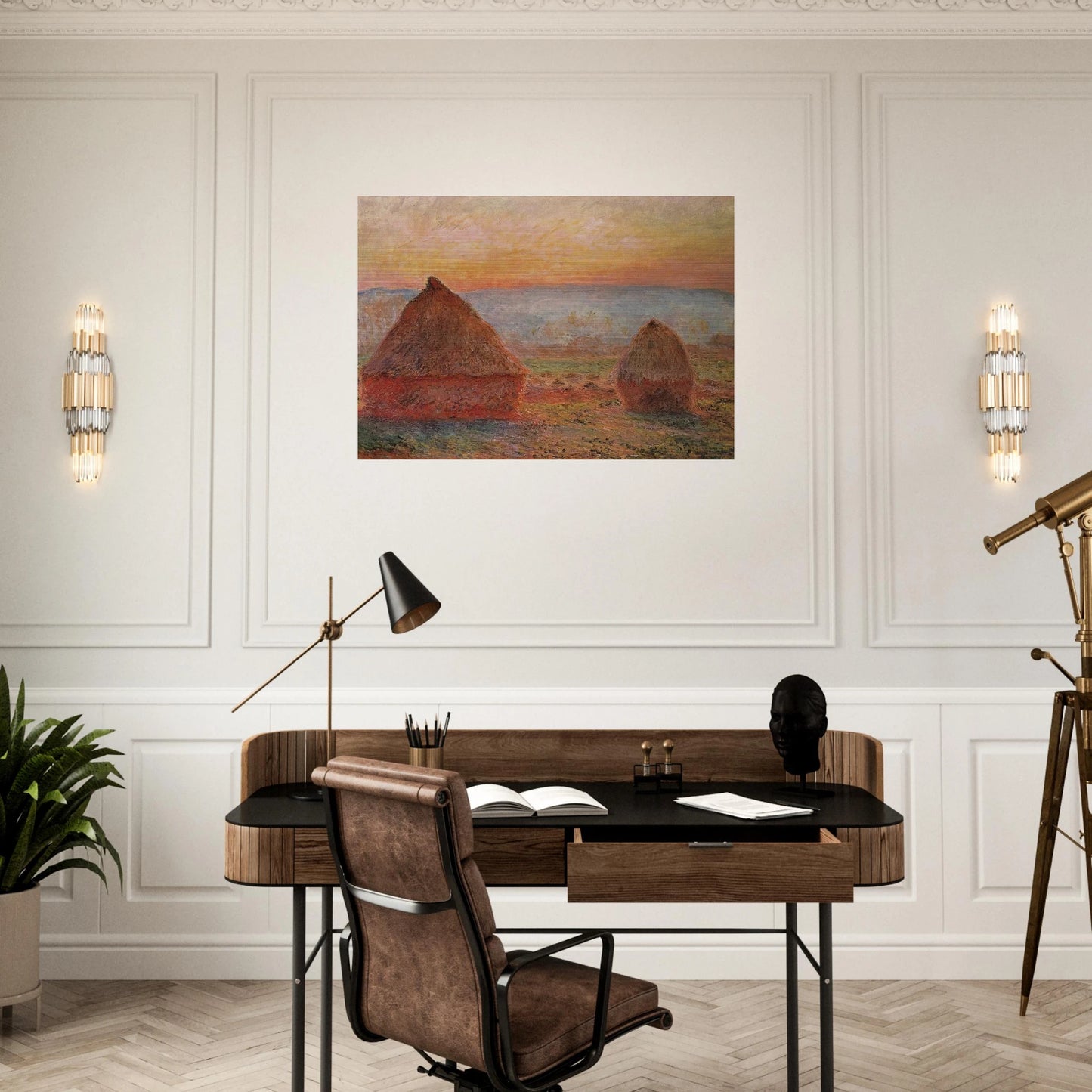 Grainstacks at Giverny, Sunset - claude monet Brushed Aluminum Print - 70x100 cm / 28x40 inches | claude monet Aluminum Print | claude monet Prints