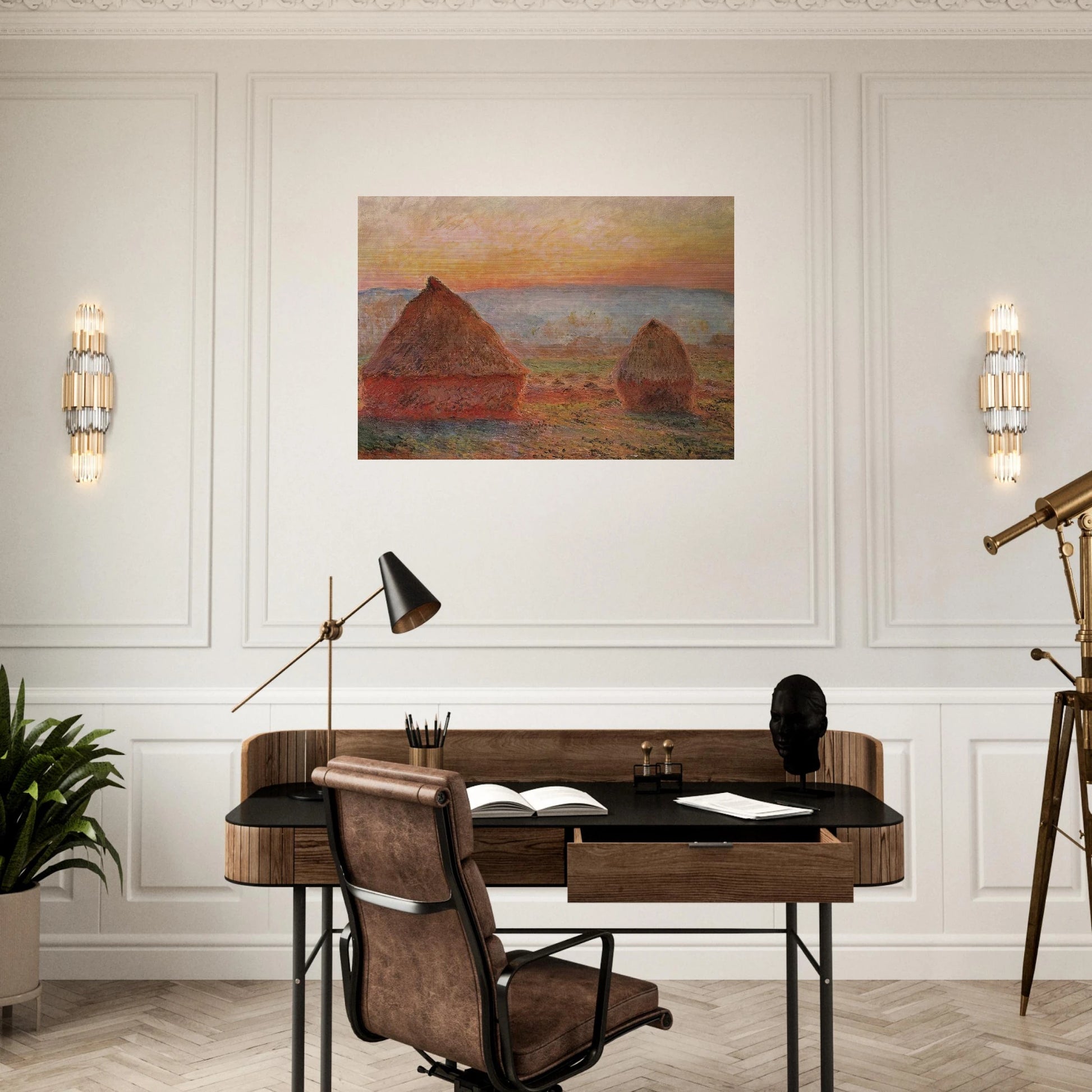 Grainstacks at Giverny, Sunset - claude monet Brushed Aluminum Print - 70x100 cm / 28x40 inches | claude monet Aluminum Print | claude monet Prints