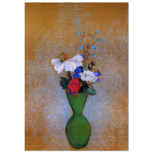 ROSE PEONY AND CORNFLOWERS IN A GREEN VASE - Odilon Redon Brushed Aluminum Print - 70x100 cm / 28x40 inches | Odilon Redon Aluminum Print | Odilon Redon Prints